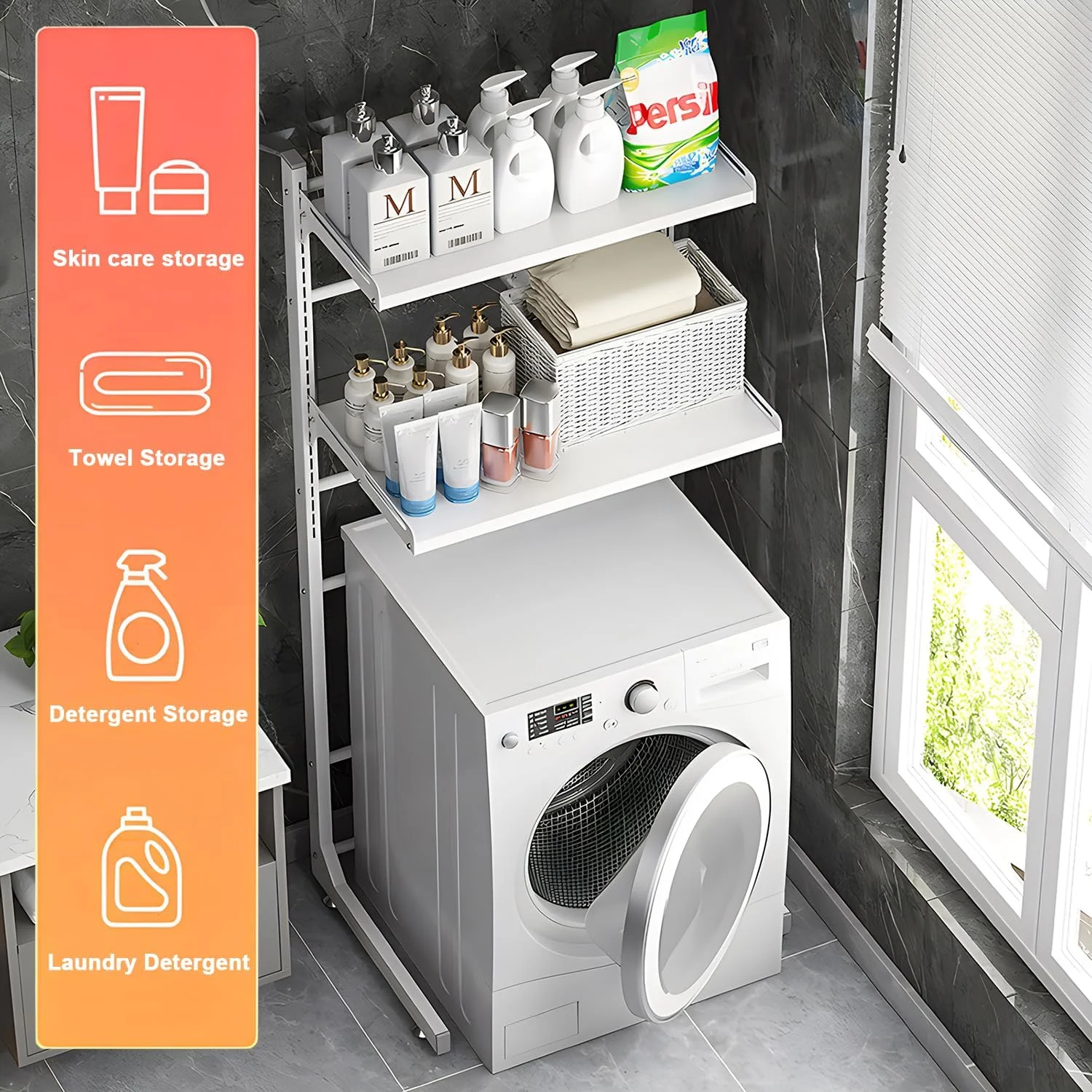 قفسه لباسشویی قابل تنظیم بالای توالت، قفسه ذخیره سازی ماشین لباسشویی بالای ماشین لباسشویی و خشک کن، سازمان دهنده حمام ایستاده 2-3 طبقه، واحدهای قفسه بندی صرفه جویی در فضا، عاجی