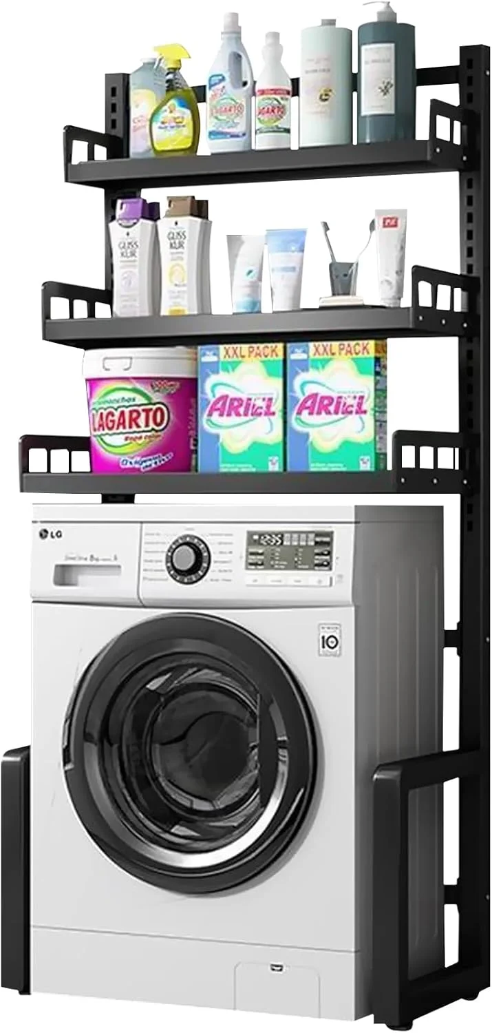 قفسه نظم دهنده لباسشویی Beauenty، قفسه 3 طبقه با ارتفاع قابل تنظیم، قفسه حمام برای سازماندهی و نگهداری وسایل در اتاق لباسشویی (مشکی)