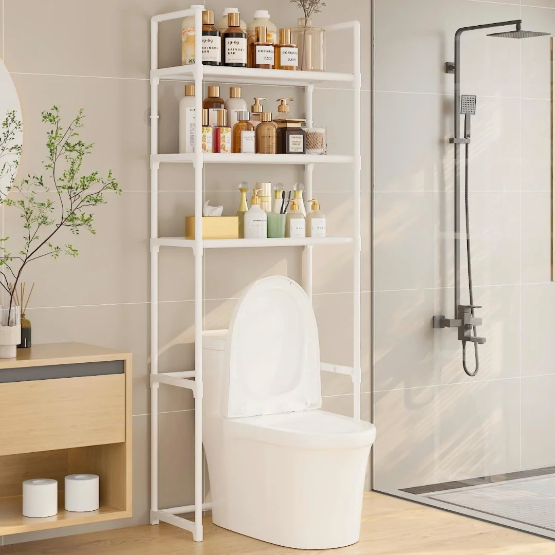 قفسه ذخیره سازی حمام MB®، قفسه سازمان دهنده بامبو بالای توالت، بادوام، سبک وزن، صرفه جویی در فضای توالت ایستاده با 3 طبقه قفسه قابل تنظیم (سفید)