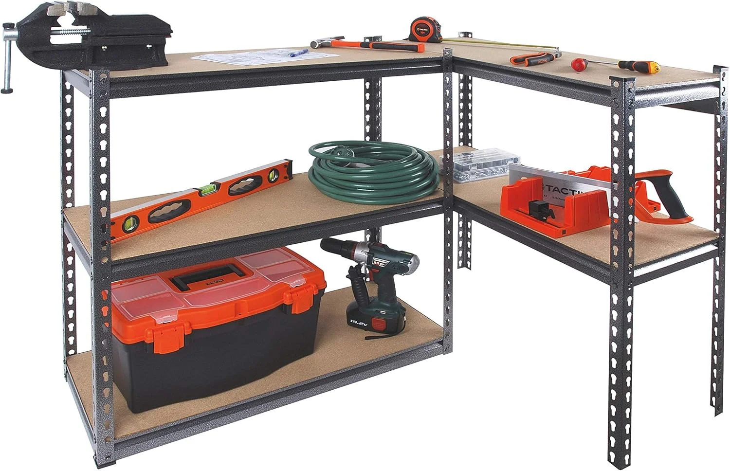 قفسه های ذخیره سازی 5 طبقه Tactix، فولاد صنعتی مقاوم، مونتاژ بدون پیچ و مهره، پوشش پودری، تحمل وزن تا 320 کیلوگرم در هر طبقه، برای سوله، انبار، زیرزمین، گاراژ، خاکستری، اندازه: 86.5 عرض x 35.5 عمق x 183 ارتفاع سانتی متر - 329016