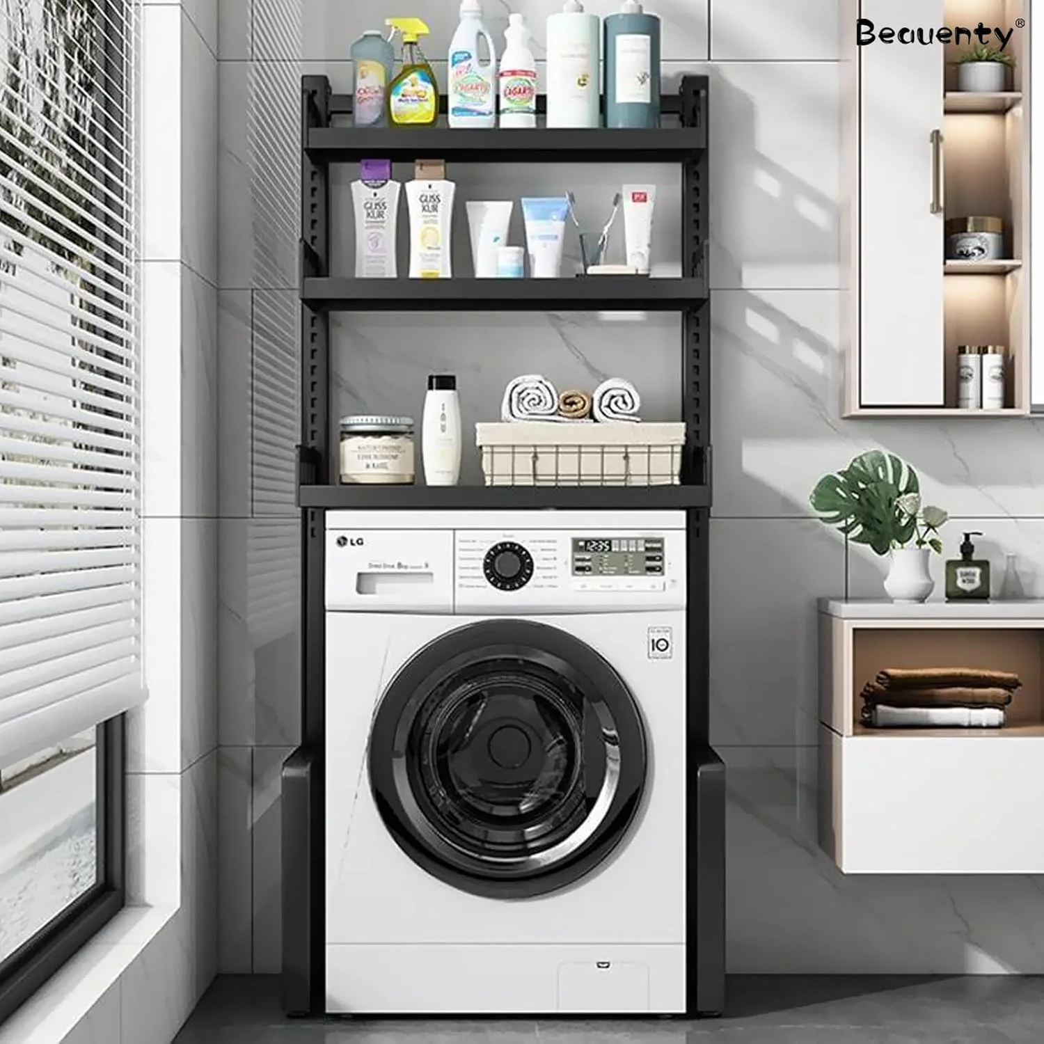 قفسه نظم دهنده لباسشویی Beauenty، قفسه 3 طبقه با ارتفاع قابل تنظیم، قفسه حمام برای سازماندهی و نگهداری وسایل در اتاق لباسشویی (مشکی)