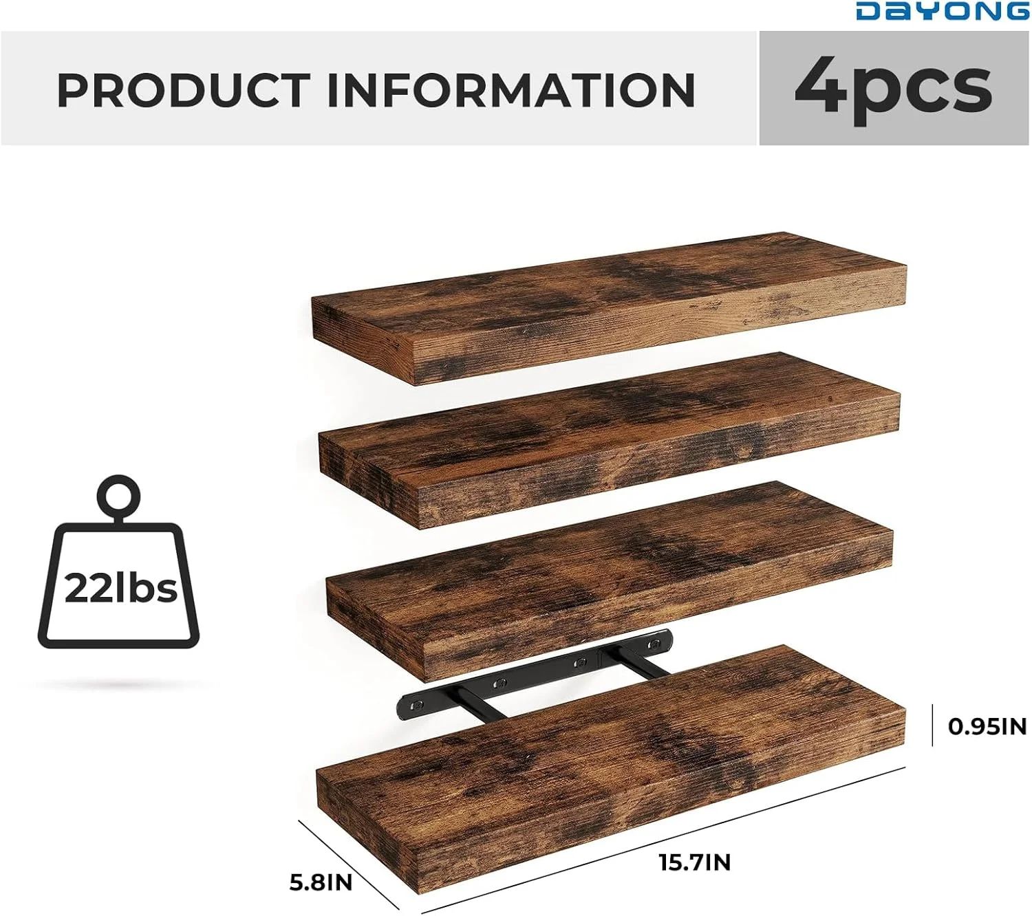 شلف دیواری شناور DAYONG، ست 4 عددی شلف های شناور 15.8 اینچی، شلف های چوبی مدرن برای دکور دیوار، شلف آویز با براکت های نامرئی برای اتاق خواب، اتاق نشیمن، حمام (قهوه ای)