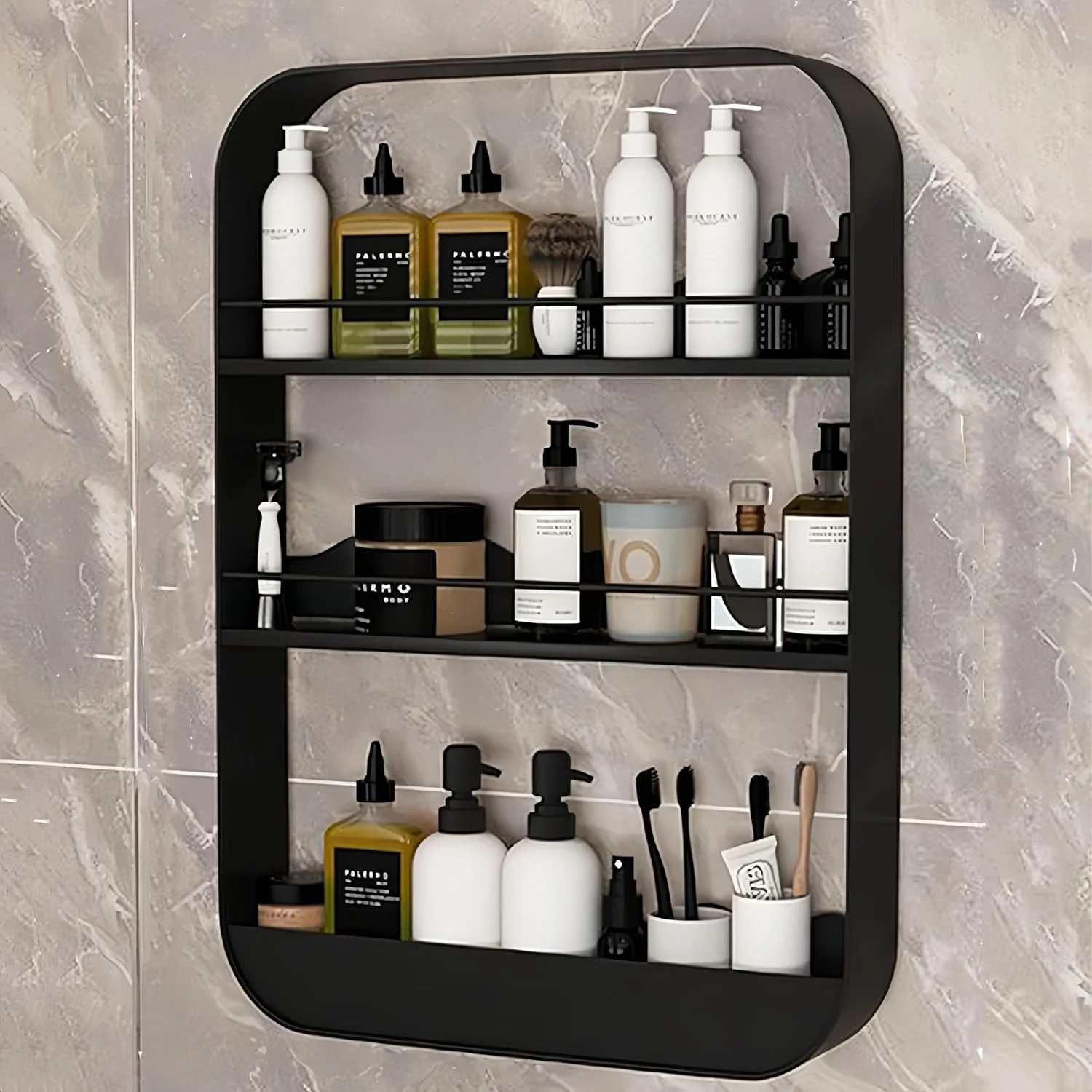 ارگانایزر دیواری حمام، قفسه های دوش 3 طبقه، کابینت صرفه جویی در فضای توالت، قفسه حمام شناور با ظرفیت بزرگ، قفسه حمام بدون پانچ (مشکی)