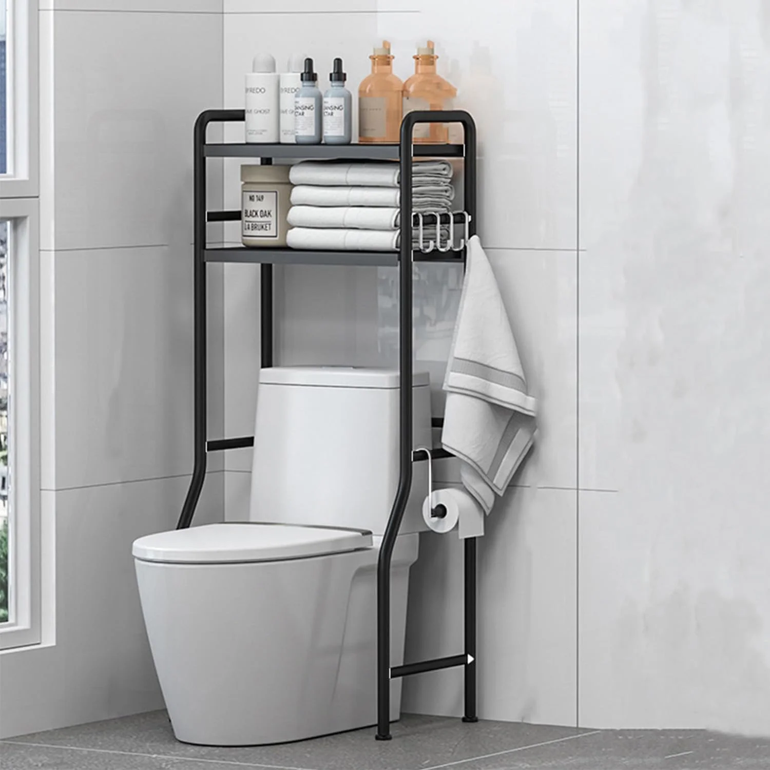 ارگانایزر فلزی بالای توالت، قفسه ذخیره سازی بالای توالت، صرفه جویی در فضا، پایه مستقل و پایدار بالای توالت برای حمام، دستشویی، رختشویی (مشکی، 2 طبقه)