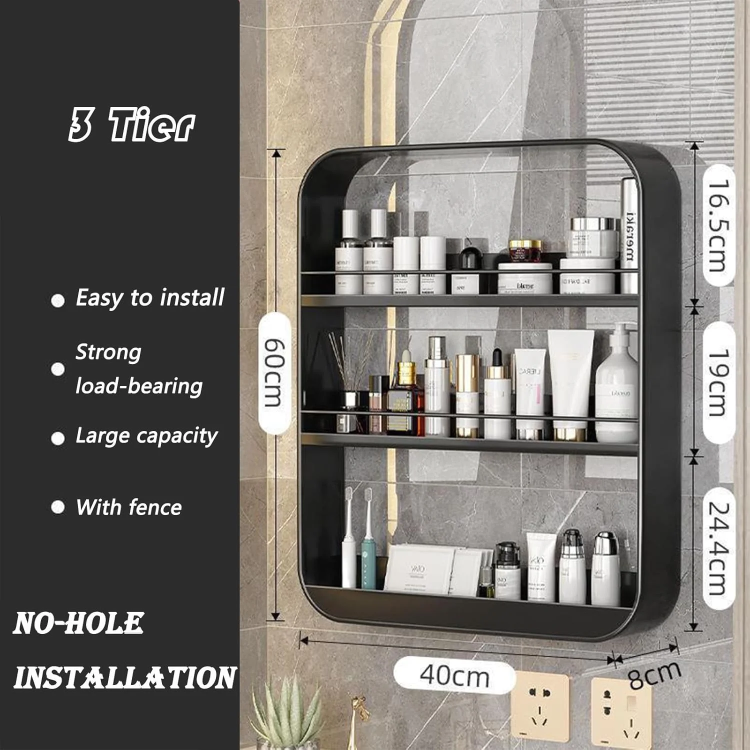 ارگانایزر دیواری حمام، قفسه های دوش 3 طبقه، کابینت صرفه جویی در فضای توالت، قفسه حمام شناور با ظرفیت بزرگ، قفسه حمام بدون پانچ (مشکی)