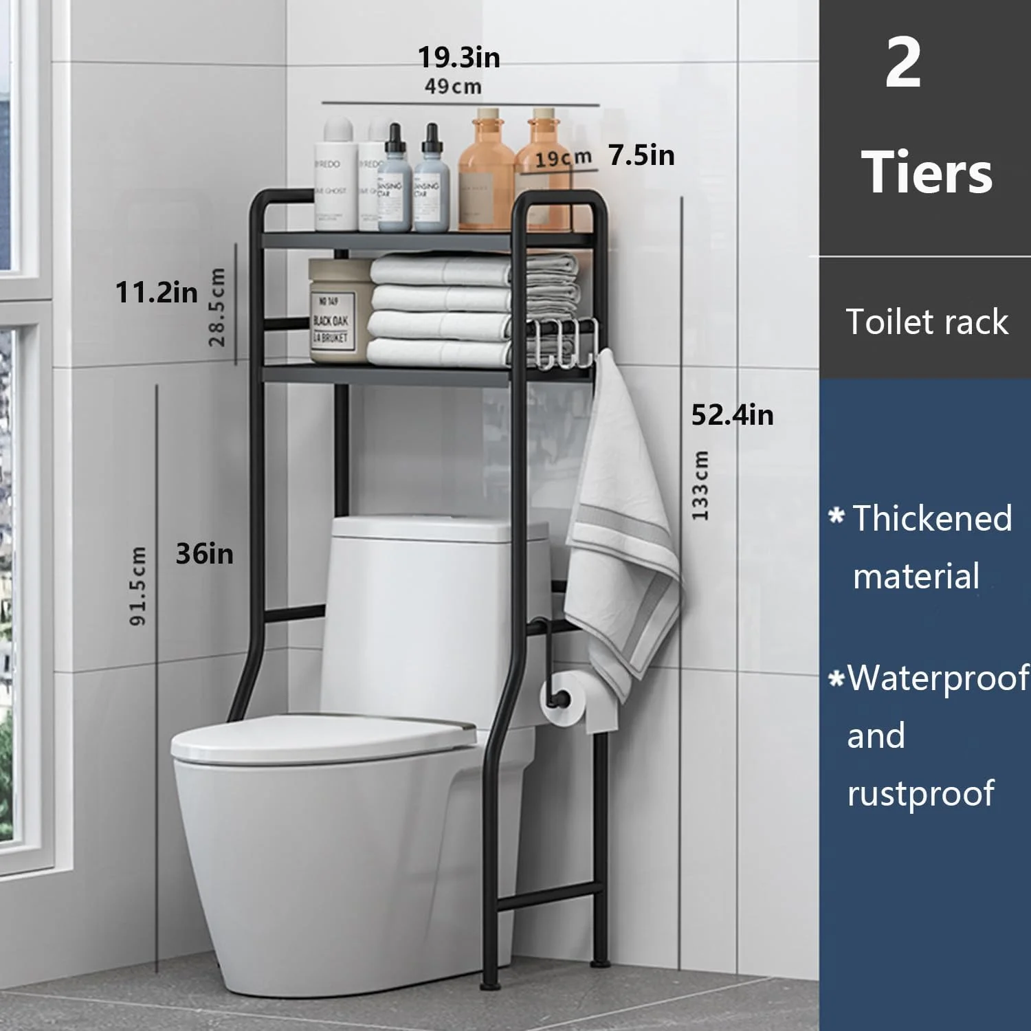 ارگانایزر فلزی بالای توالت، قفسه ذخیره سازی بالای توالت، صرفه جویی در فضا، پایه مستقل و پایدار بالای توالت برای حمام، دستشویی، رختشویی (مشکی، 2 طبقه)