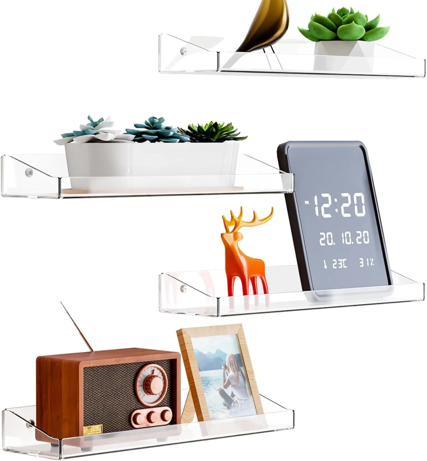 بسته 4 عددی شلف اکریلیک TERRIFI برای دیوار حمام، چسبی بدون نیاز به سوراخکاری، سازمان دهنده دیواری 15 اینچی برای لگو، اکشن فیگور، کلکسیون، لوازم آرایشی، عطر، قفسه کتاب نامرئی