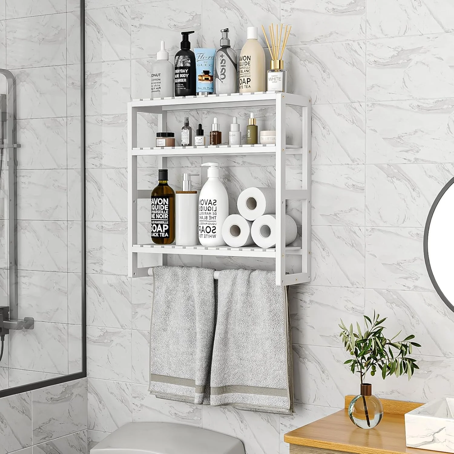 قفسه حمام Bamworld، قفسه دوش، سازمان دهنده حمام، دیواری، 3 طبقه، صرفه جویی در فضا، قفسه گوشه ای حمام، قفسه حوله بامبو، کابینت دستمال توالت با میله آویز (سفید) قفسه حمام Bamworld، قفسه دوش، سازمان دهنده حمام، دیواری، 3 طبقه، صرفه جویی در فضا، قفسه گوشه ای حمام، قفسه حوله بامبو، کابینت دستمال توالت با میله آویز (سفید)