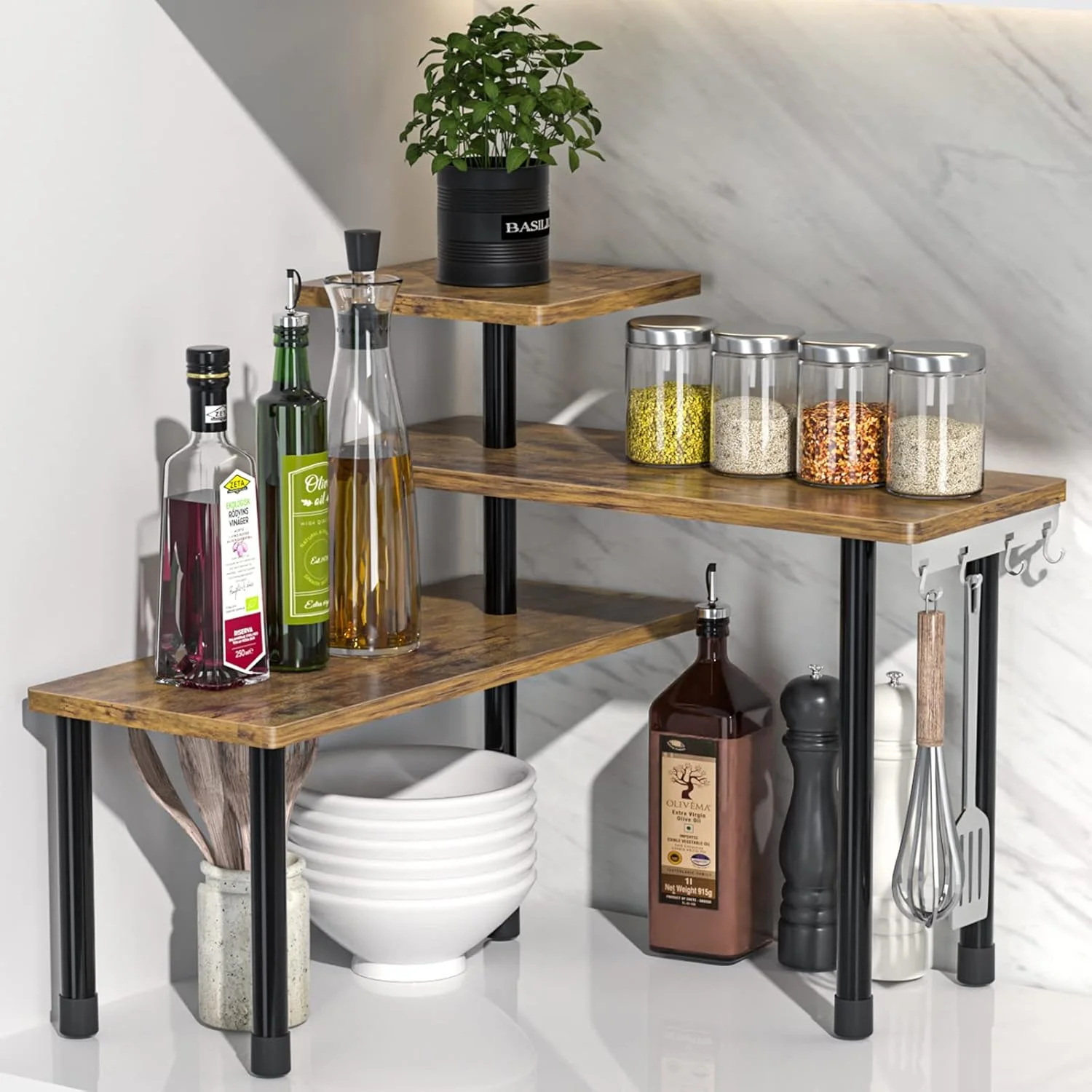 ارگانایزر و نظم دهنده رومیزی، قفسه گوشه ای متحرک 3 طبقه برای آشپزخانه، حمام، قفسه ادویه، قسمت قهوه، بالای سینک، میز آرایش (قهوه ای روستیک)