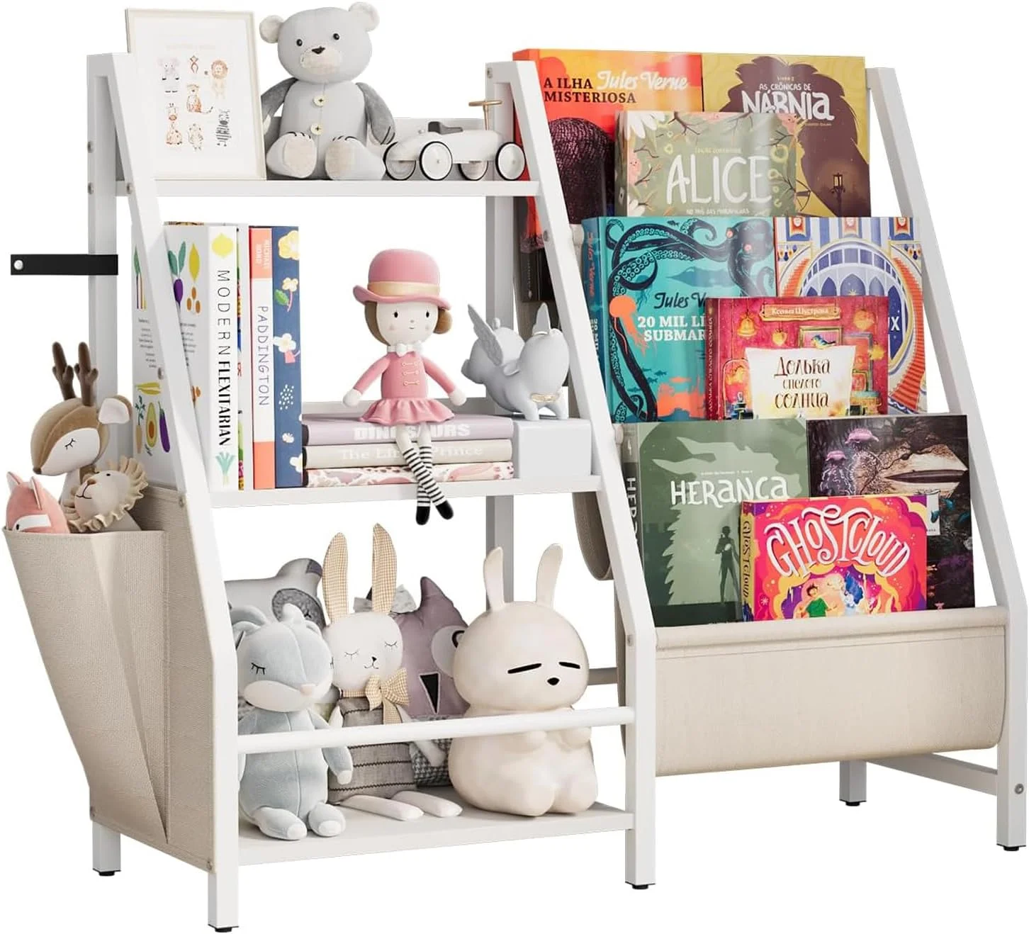 قفسه کتاب 3 طبقه کودک U-HOOME و سازمان دهنده اسباب بازی، قفسه کتاب کودک مونته سوری، قفسه کتاب آویز برای اتاق کودک، قفسه کتابخانه کودک، شامل جیب های جانبی اضافی