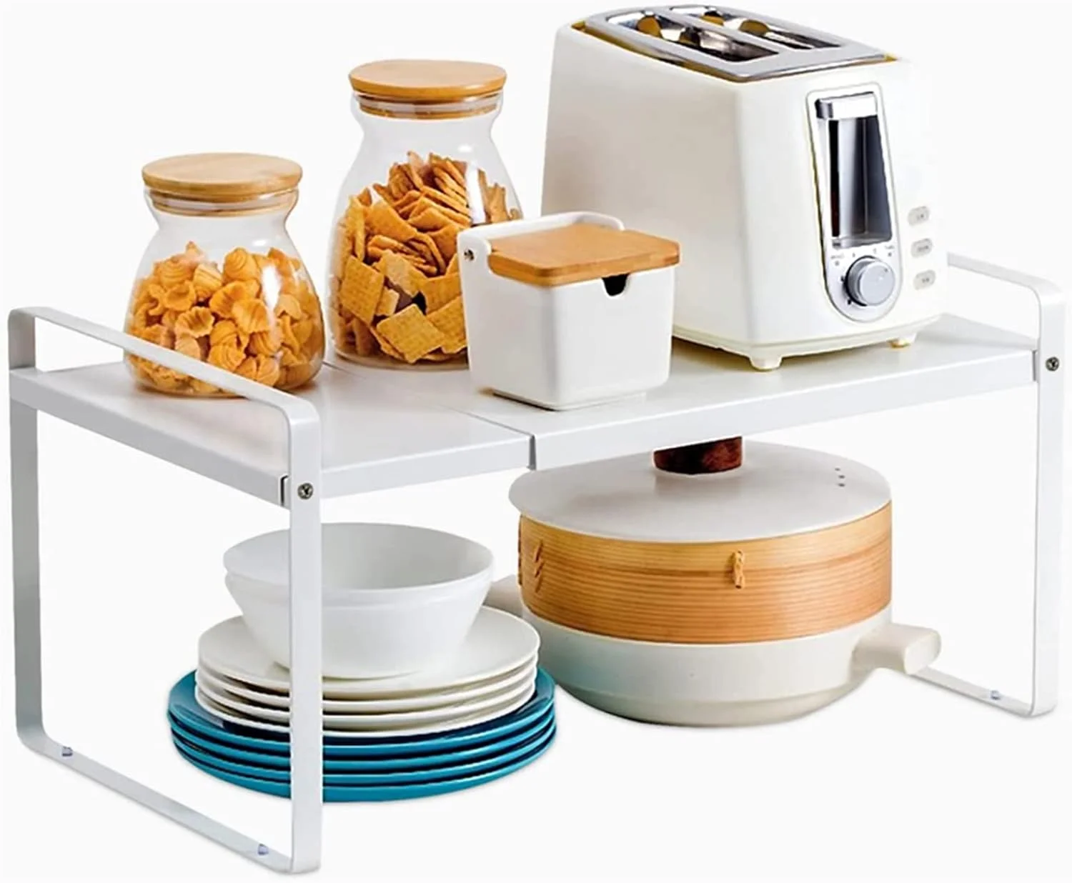 قفسه ارگانایزر کابینت قابل گسترش TAME، قفسه های ارگانایزر کابینت آشپزخانه، قفسه ادویه، ارگانایزر کمد، قفسه انباری کابینت، استند قفسه ادویه آشپزخانه (سفید)