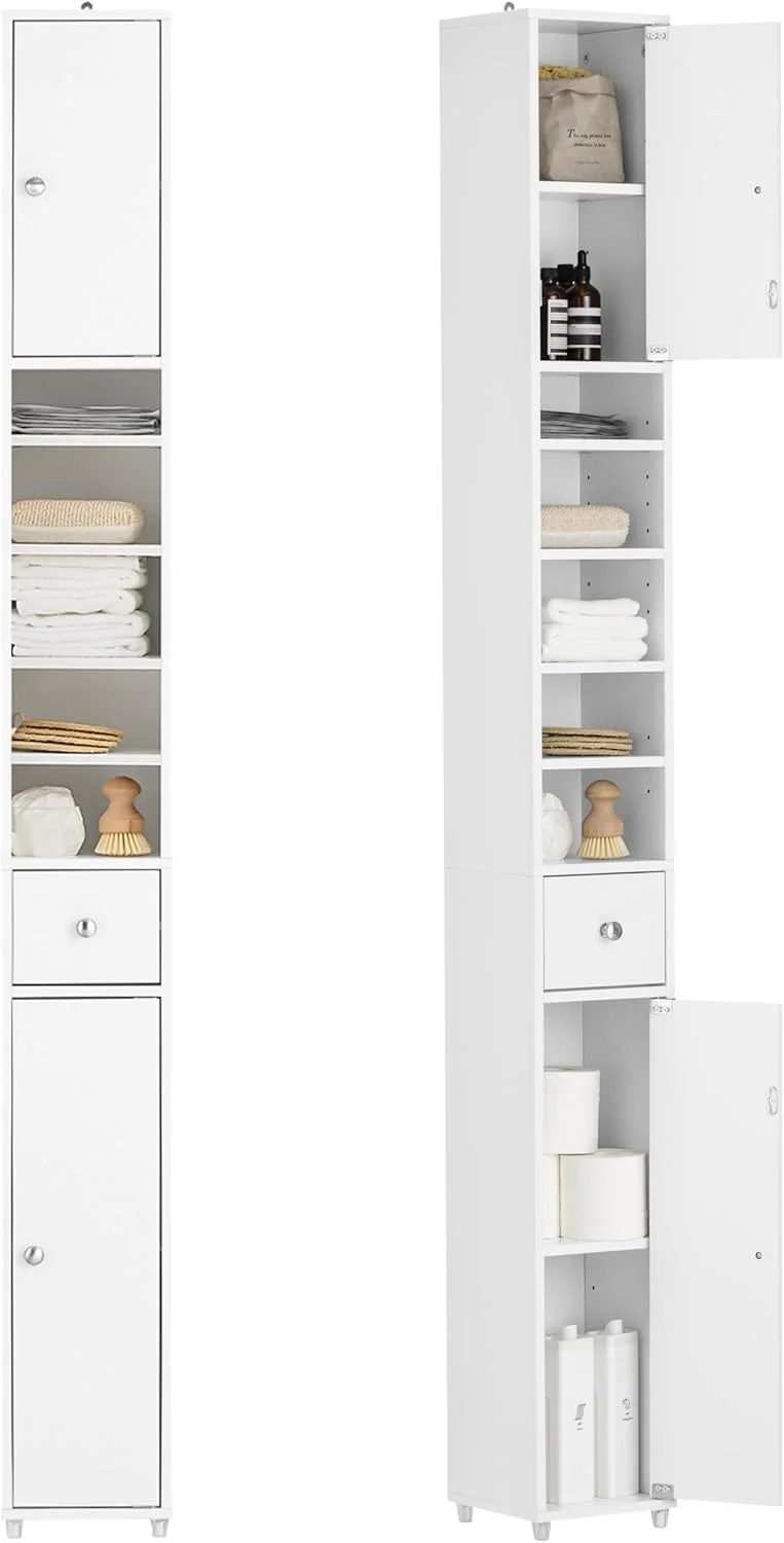 کابینت حمام SoBuy، کابینت ذخیره سازی با کشو، کابینت بلند باریک، قفسه سازمان دهنده آشپزخانه، قفسه کوچک مستقل برای اتاق نشیمن، راهرو، 20x20x180 سانتی متر خزانة طويلة BZR34-W