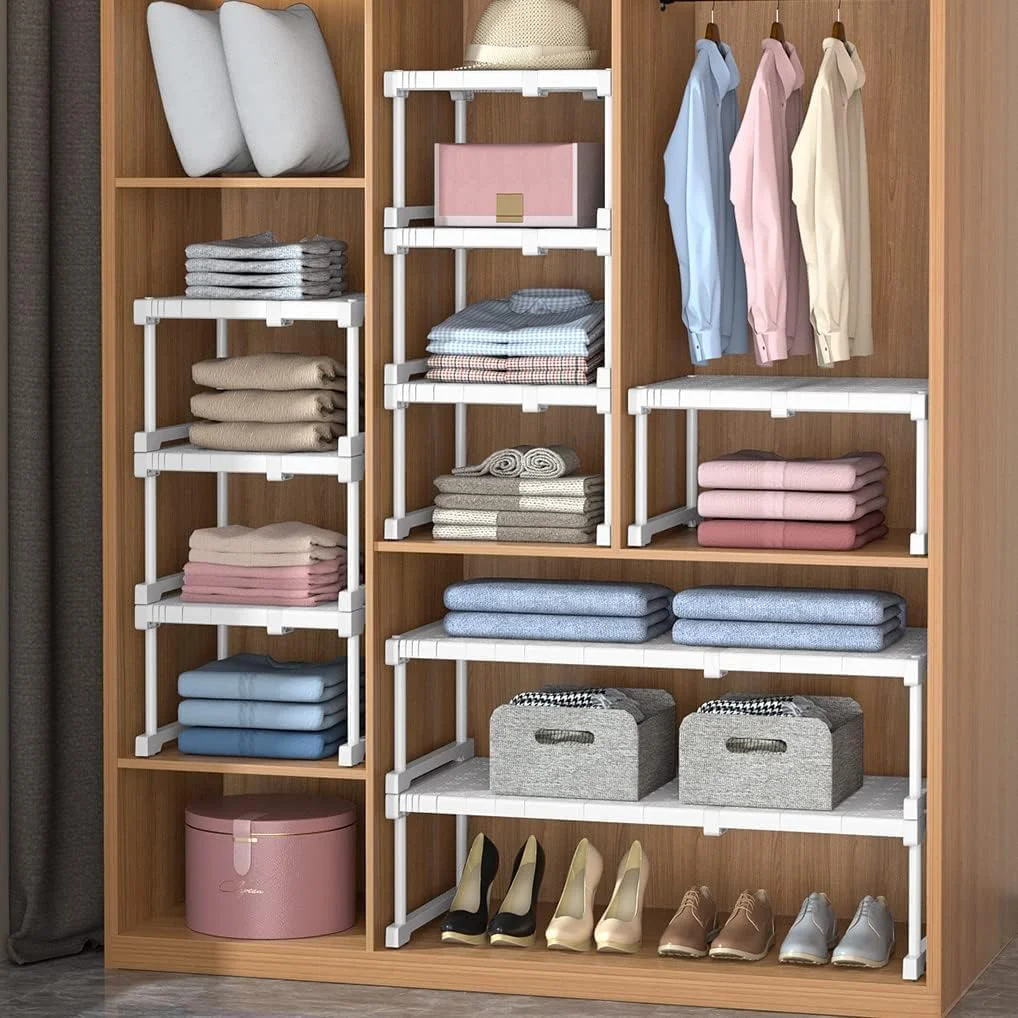 قفسه کشویی قابل انباشت U-HOOME، میله قابل تنظیم و گسترش پذیر، جداکننده قفسه ذخیره سازی، تقسیم کننده کابینت، سازمان دهنده کمد لباس، سازمان دهنده کفش، اتاق خواب DIY (2)