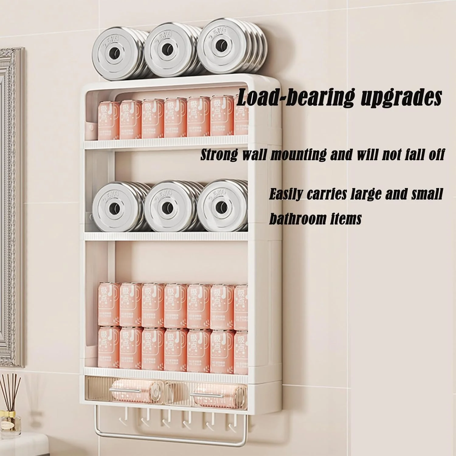 ارگانایزر حمام 3 طبقه، قفسه و شلف نظم دهنده لوازم حمام، قفسه خود چسب با قلاب و کشو، کابینت پلاستیکی حمام برای حمام و آشپزخانه (سفید)