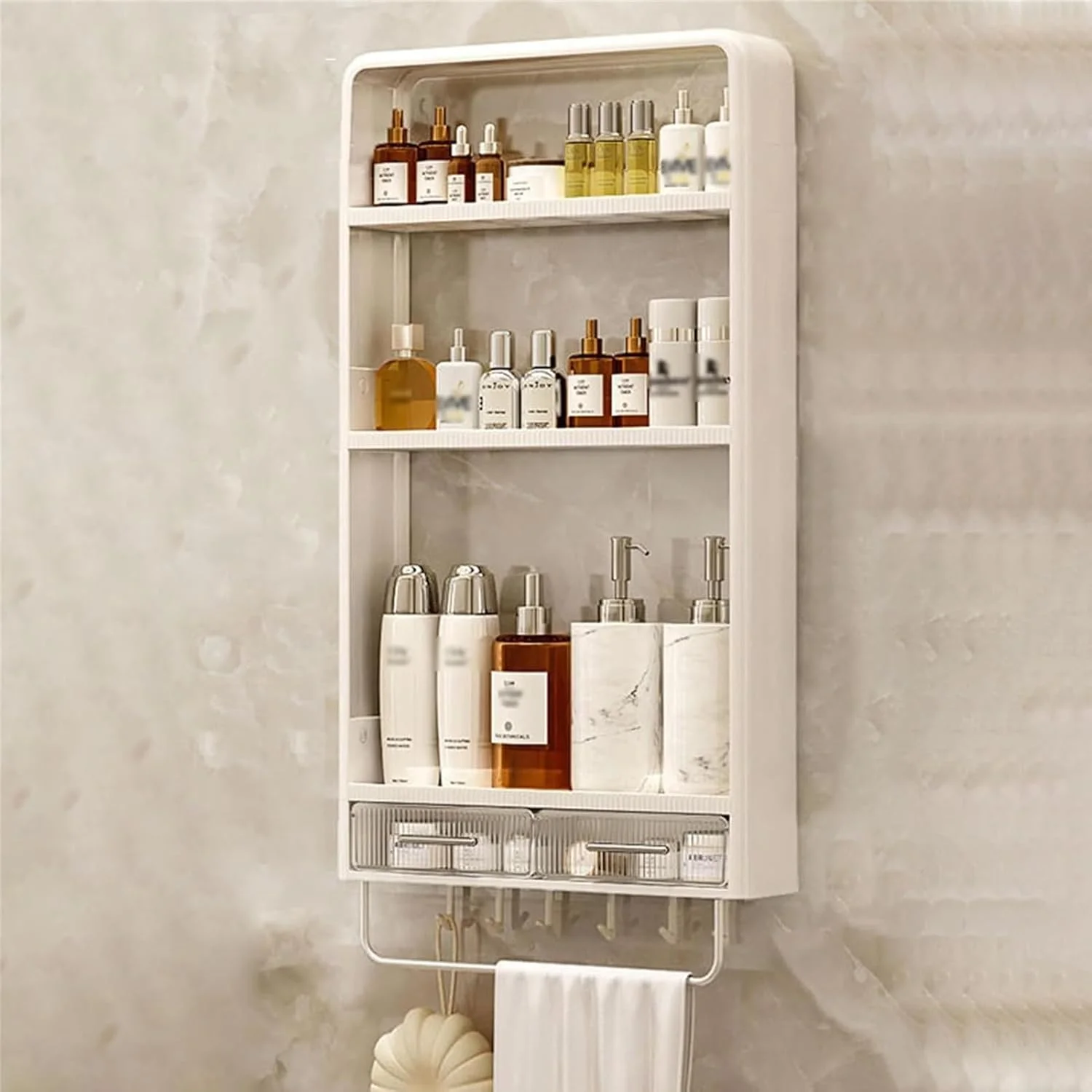 قفسه حمام دیواری NOGOO، قفسه نگهداری آویز دوش چسبی 3 طبقه با میله حوله و قلاب، سازمان دهنده لوازم آرایشی قفسه شناور، قفسه های کاربردی برای حمام اتاق نشیمن، قفسه ادویه آشپزخانه