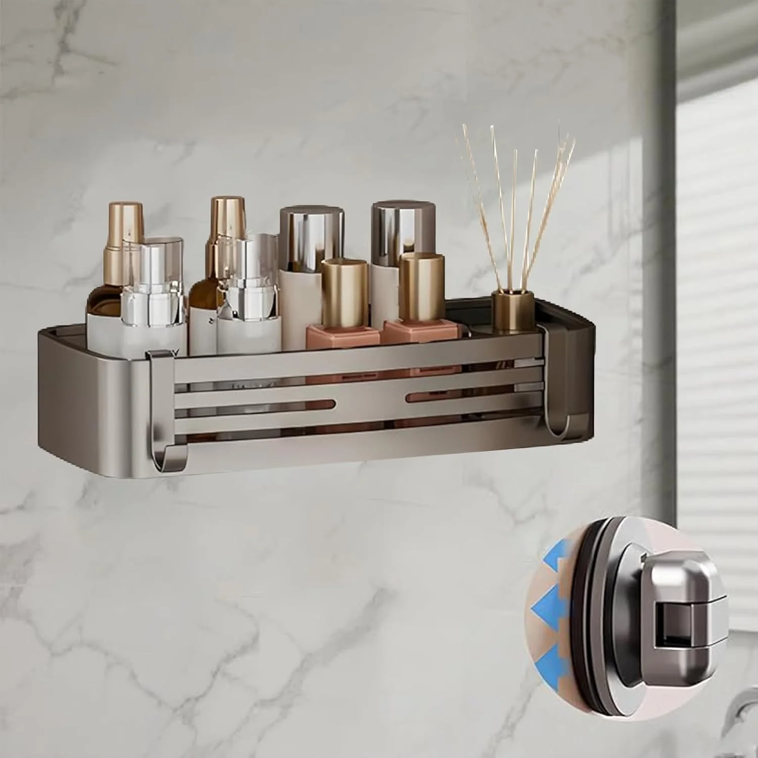 قفسه حمام KUKUMAJI با مکنده، قفسه حمام استیل ضد زنگ، قفسه نظم دهنده و نگهدارنده بدون نیاز به سوراخ کاری، قفسه حمام جداشدنی برای حمام، دوش و آشپزخانه