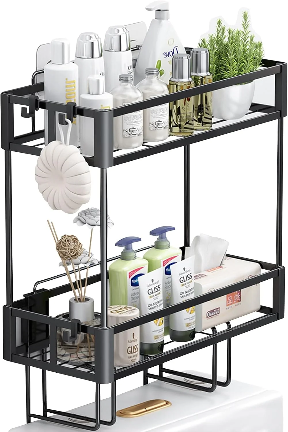 قفسه ذخیره سازی 2 طبقه بالای توالت Beauenty، قفسه های سازمان دهنده حمام بالای توالت، ظرفیت بزرگ، نصب بدون نیاز به سوراخ کاری، سازمان دهنده صرفه جویی در فضا، ایده آل برای قفسه حمام (مشکی)