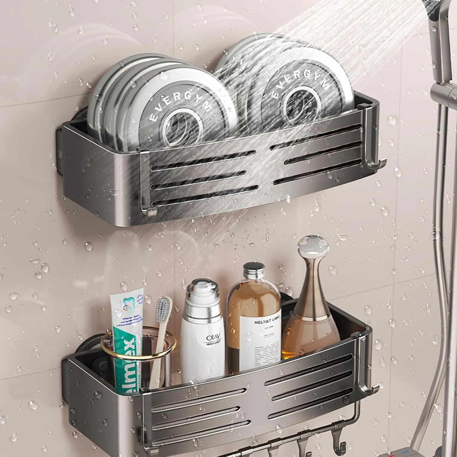 قفسه حمام KUKUMAJI با مکنده، قفسه حمام استیل ضد زنگ، قفسه نظم دهنده و نگهدارنده بدون نیاز به سوراخ کاری، قفسه حمام جداشدنی برای حمام، دوش و آشپزخانه