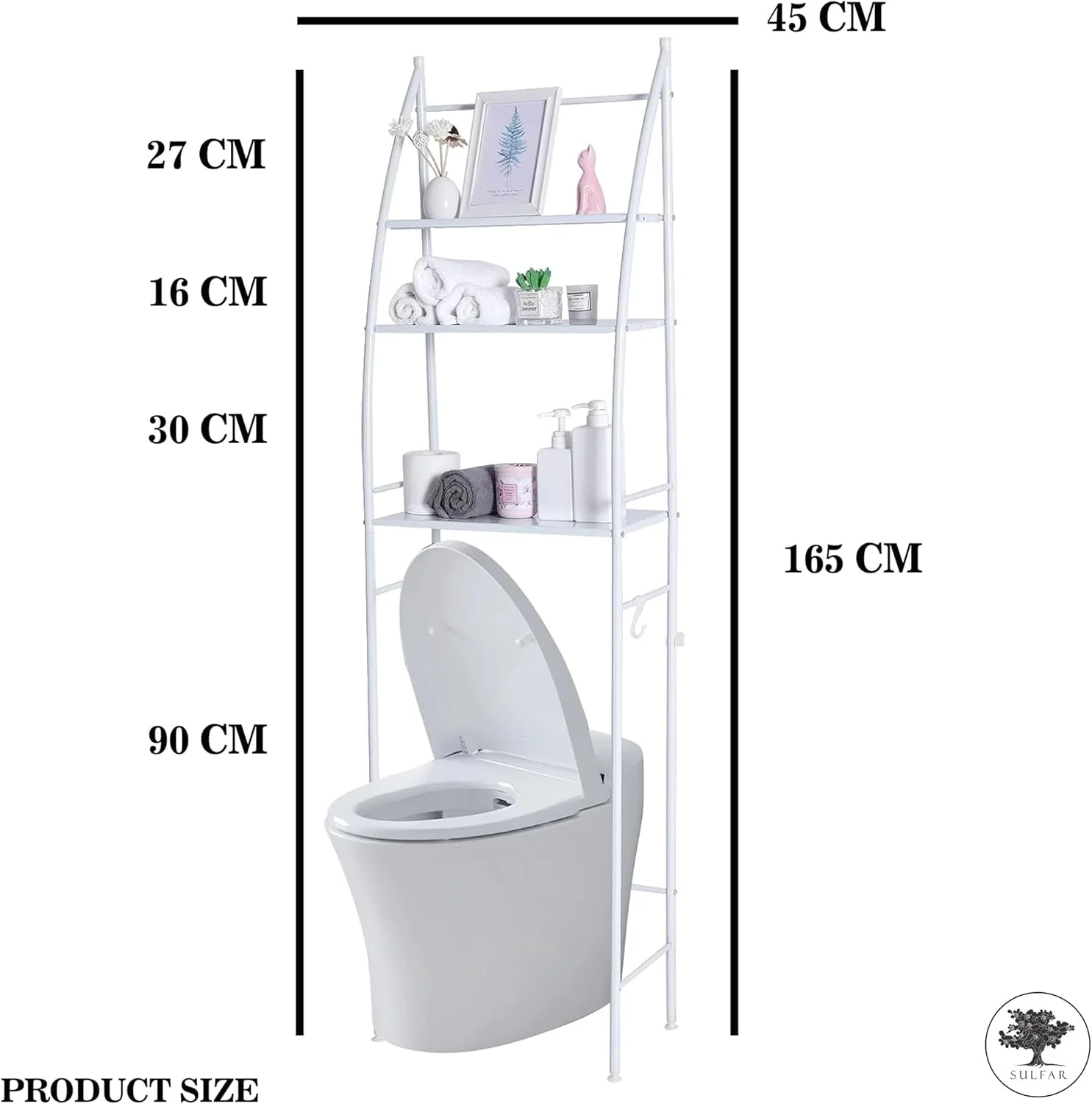 قفسه حمام سولفار 3 طبقه، قفسه ذخیره سازی توالت، نصب آسان، بدون نیاز به سوراخ کاری، سازمان دهنده توالت، قفسه های حمام (سفید)