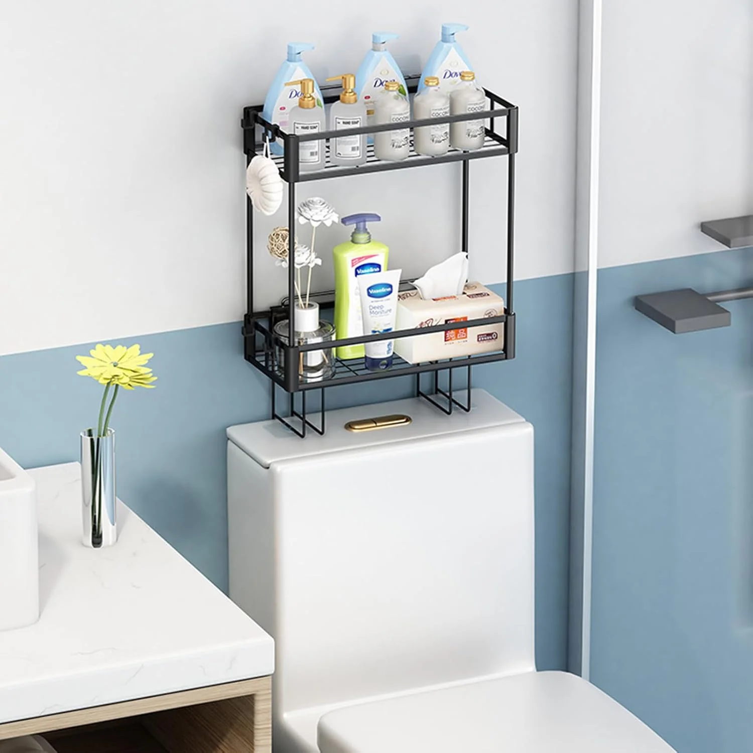 قفسه ذخیره سازی 2 طبقه بالای توالت Beauenty، قفسه های سازمان دهنده حمام بالای توالت، ظرفیت بزرگ، نصب بدون نیاز به سوراخ کاری، سازمان دهنده صرفه جویی در فضا، ایده آل برای قفسه حمام (مشکی)