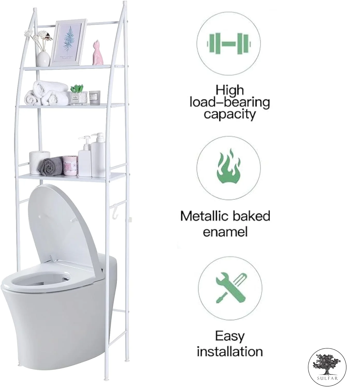 قفسه حمام سولفار 3 طبقه، قفسه ذخیره سازی توالت، نصب آسان، بدون نیاز به سوراخ کاری، سازمان دهنده توالت، قفسه های حمام (سفید)