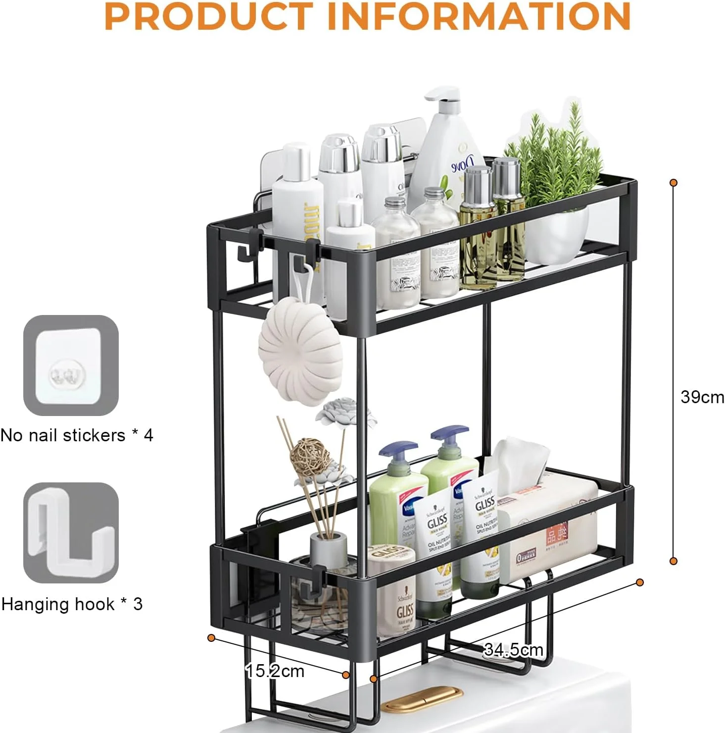 قفسه ذخیره سازی 2 طبقه بالای توالت Beauenty، قفسه های سازمان دهنده حمام بالای توالت، ظرفیت بزرگ، نصب بدون نیاز به سوراخ کاری، سازمان دهنده صرفه جویی در فضا، ایده آل برای قفسه حمام (مشکی)