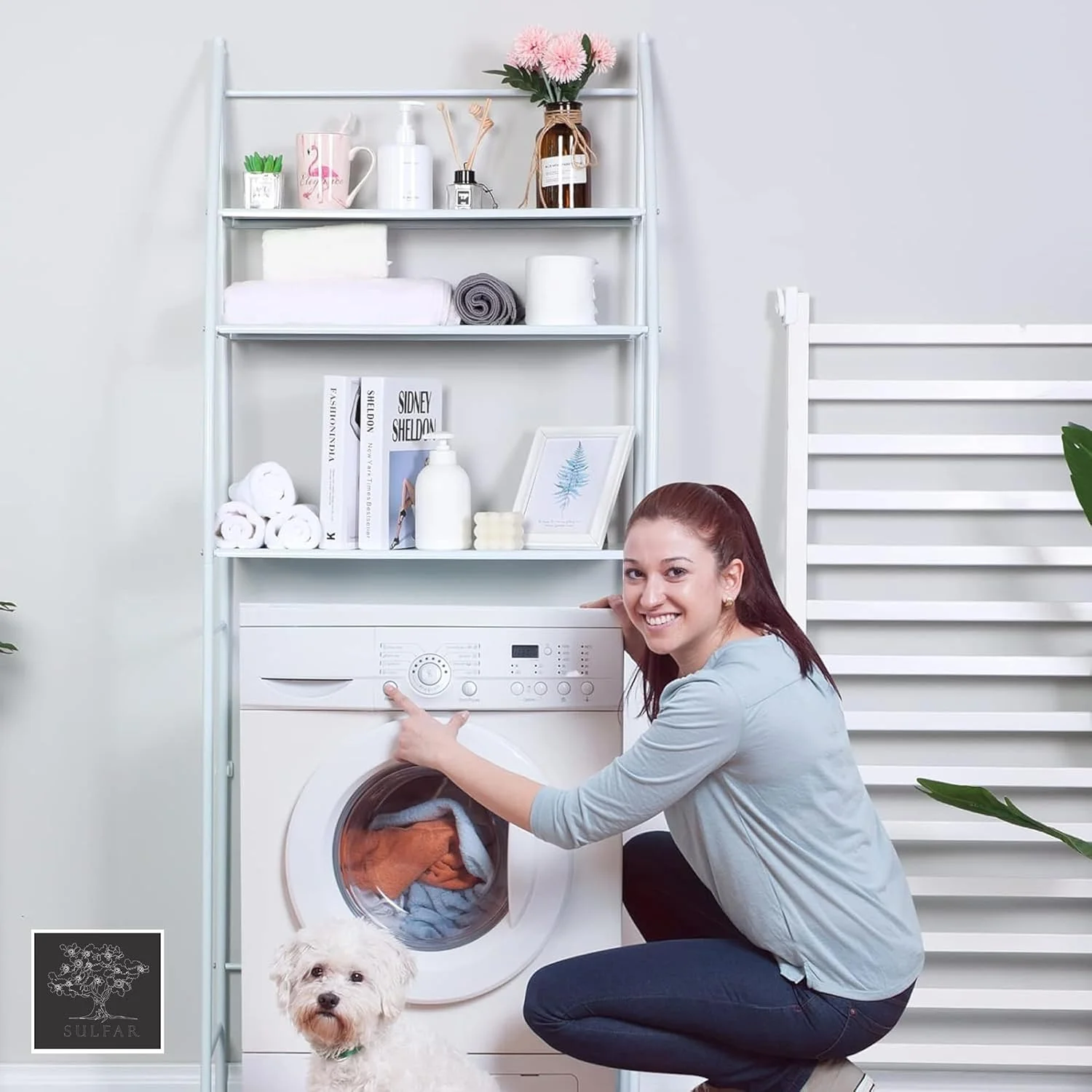 قفسه ذخیره سازی ماشین لباسشویی 3 طبقه Sulfar | قفسه سازمان دهنده حمام بدون نیاز به سوراخ کاری برای توالت، سینک و قسمت لباسشویی | پایه صرفه جویی در فضا - سفید 25x65x166 سانتی متر (1 عدد)