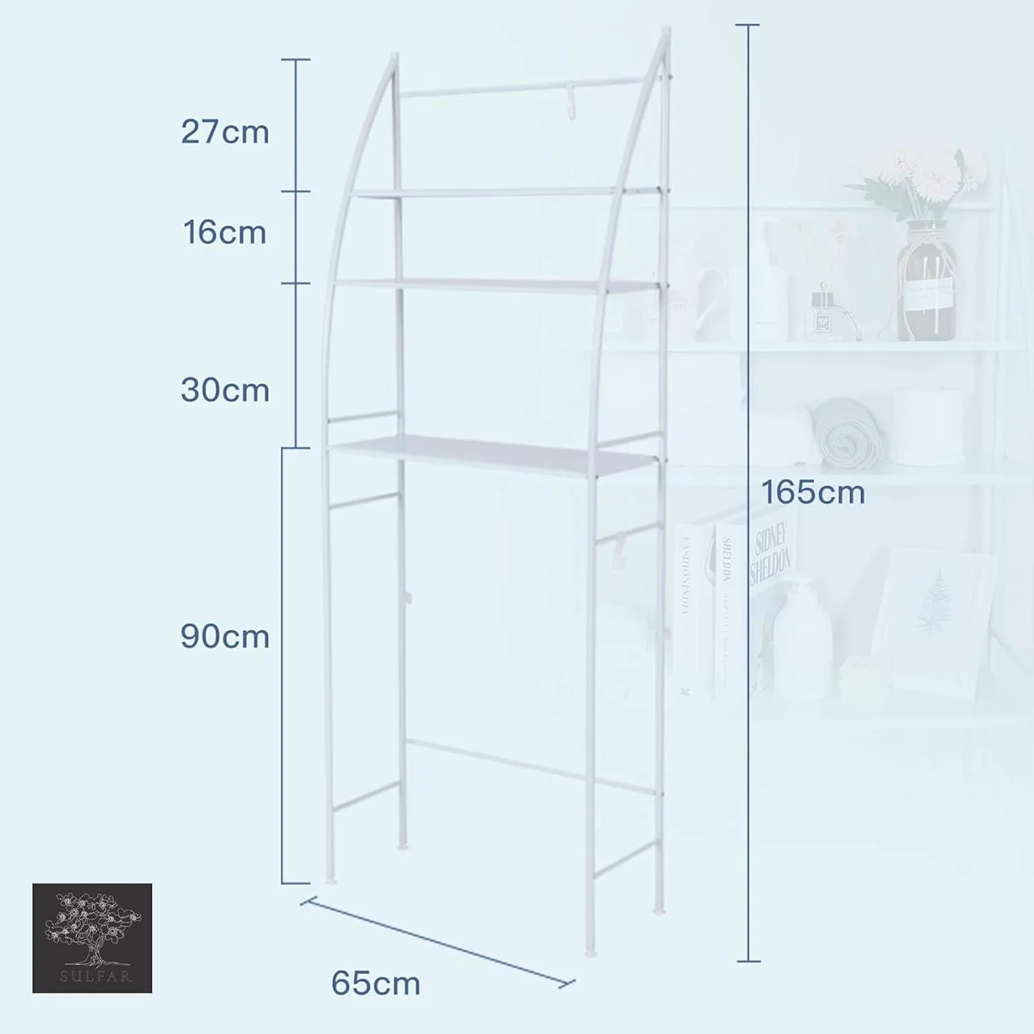 قفسه ذخیره سازی ماشین لباسشویی 3 طبقه Sulfar | قفسه سازمان دهنده حمام بدون نیاز به سوراخ کاری برای توالت، سینک و قسمت لباسشویی | پایه صرفه جویی در فضا - سفید 25x65x166 سانتی متر (1 عدد)