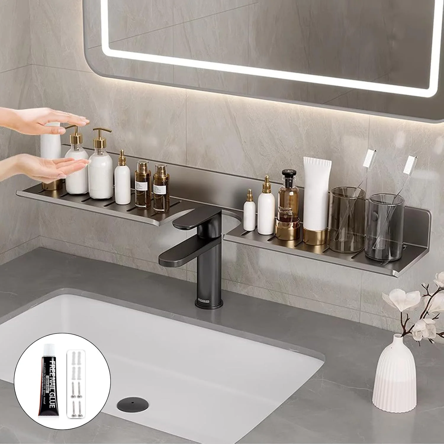 قفسه سینک HYTTER، قفسه های دیواری برای نگهداری، قفسه روشویی حمام - با زهکشی برای خشک شدن سریع و ضد رطوبت، قفسه فلزی سنگین بدون نیاز به سوراخ کاری (خاکستری) (طول 60 سانتی متر)