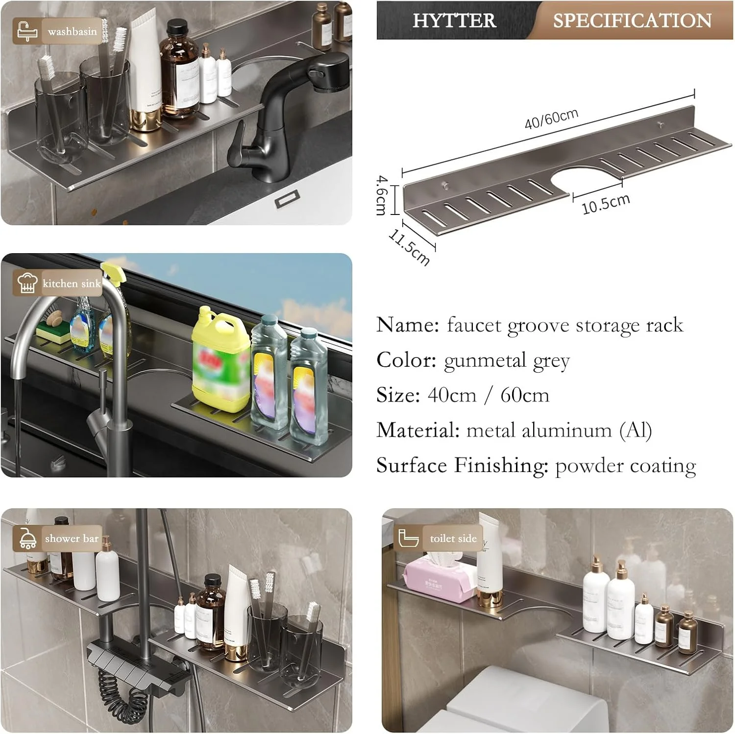 قفسه سینک HYTTER، قفسه های دیواری برای نگهداری، قفسه روشویی حمام - با زهکشی برای خشک شدن سریع و ضد رطوبت، قفسه فلزی سنگین بدون نیاز به سوراخ کاری (خاکستری) (طول 60 سانتی متر)