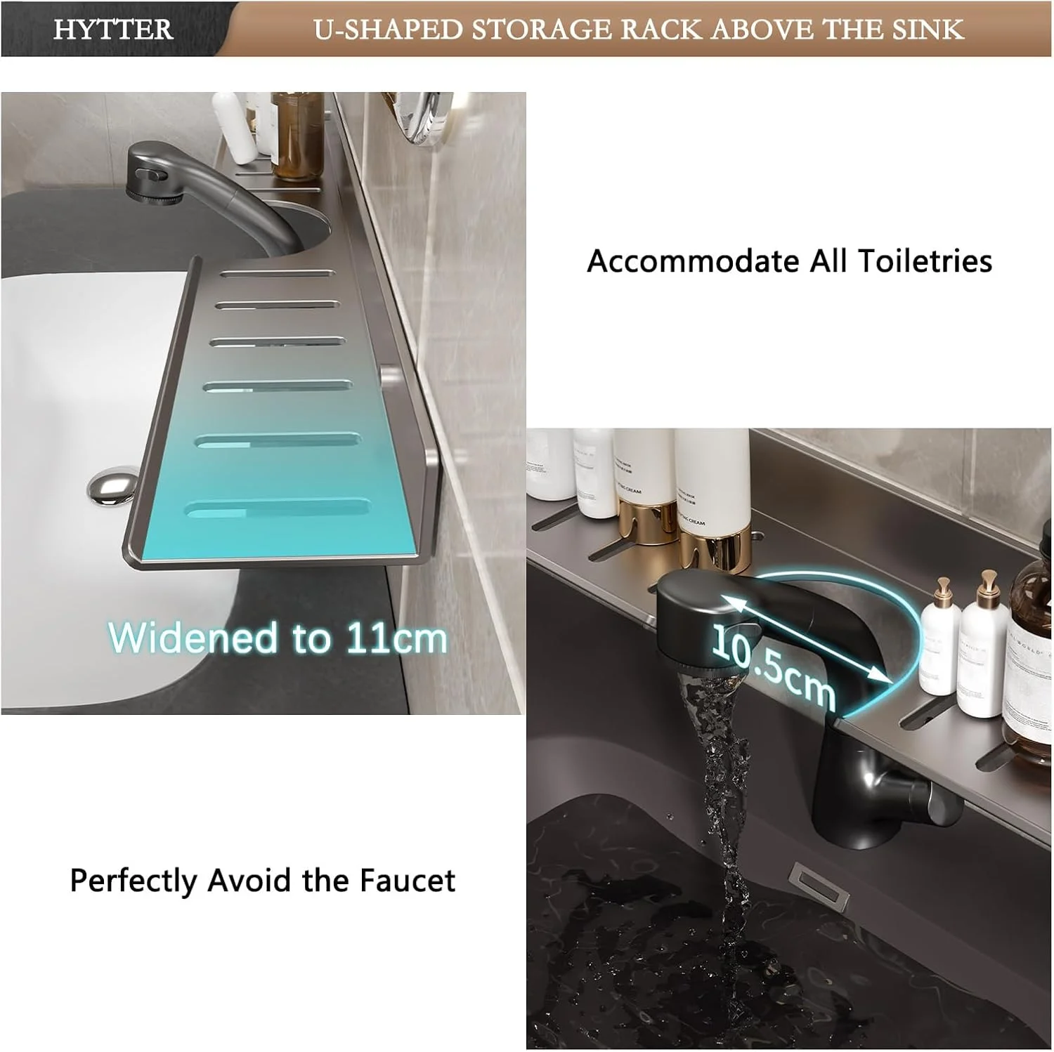 قفسه سینک HYTTER، قفسه های دیواری برای نگهداری، قفسه روشویی حمام - با زهکشی برای خشک شدن سریع و ضد رطوبت، قفسه فلزی سنگین بدون نیاز به سوراخ کاری (خاکستری) (طول 60 سانتی متر)