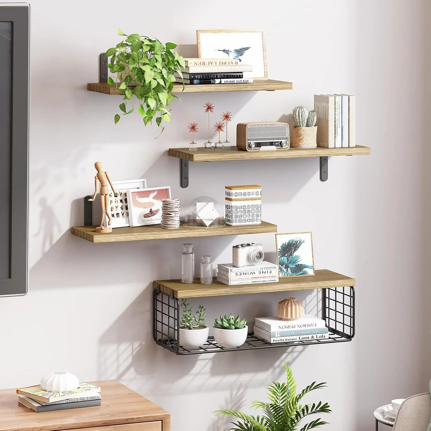 شلف دیواری شناور 4 طبقه Beauenty، شلف حمام با سبد سیمی، شلف دیواری برای اتاق خواب، اتاق نشیمن، آشپزخانه و حمام (سبد سیمی، مجموعه 4 عددی)