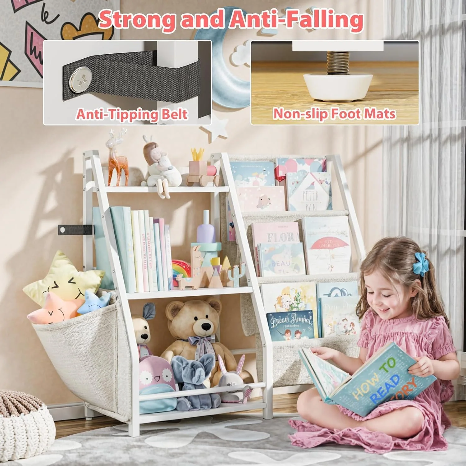 کتابخانه و قفسه اسباب بازی کودک، قفسه کتاب 3 طبقه با سازمان دهنده اسباب بازی، قفسه نمایش کتاب کودک نوپا، سازمان دهنده کتابخانه کودکان برای اتاق کودکان، کلاس های درس، اتاق خواب مهد کودک (85x30x75cm)