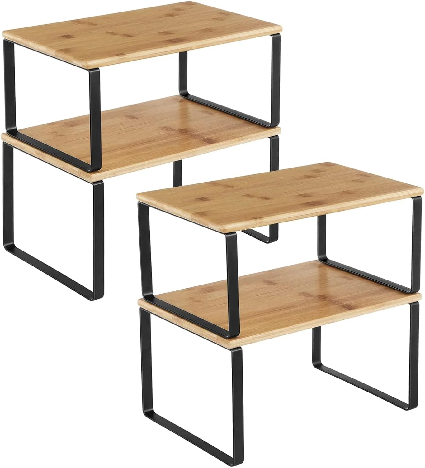 قفسه نظم دهنده کابینت XICEN، مجموعه قفسه های پیشخوان آشپزخانه، نگهداری آشپزخانه، قفسه ادویه، قابل چیدن، قابل گسترش، فلز و چوب مهندسی شده، مشکی و طبیعی (4 عدد)