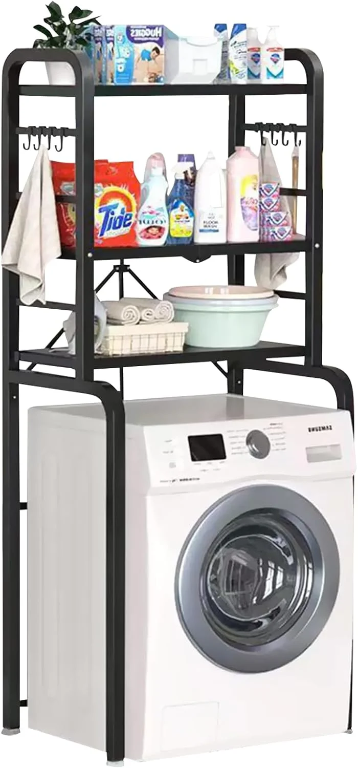 قفسه ذخیره سازی 3 طبقه تاشو و سنگین ماشین لباسشویی و خشک کن Beauenty، قفسه های اتاق لباسشویی با ارتفاع قابل تنظیم، صرفه جویی در فضای سازماندهی حمام با قلاب (مشکی)