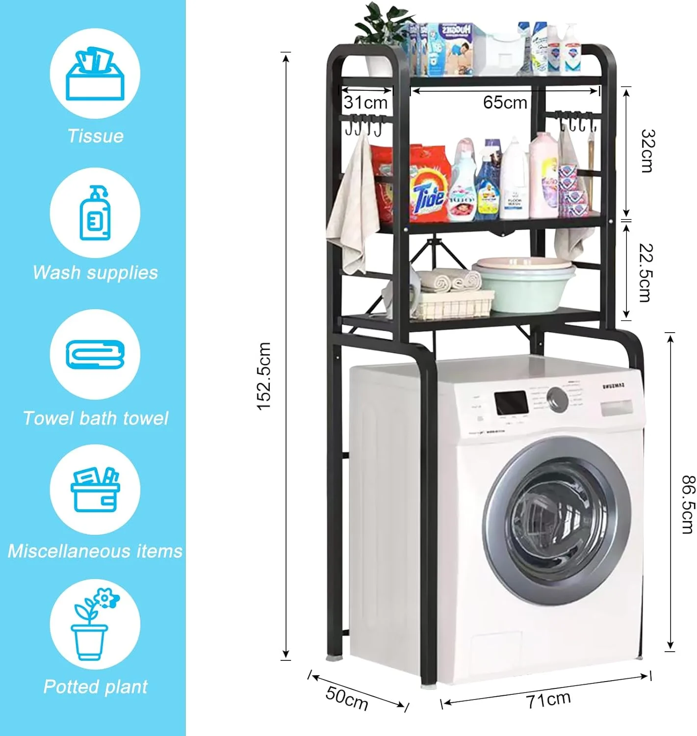 قفسه ذخیره سازی 3 طبقه تاشو و سنگین ماشین لباسشویی و خشک کن Beauenty، قفسه های اتاق لباسشویی با ارتفاع قابل تنظیم، صرفه جویی در فضای سازماندهی حمام با قلاب (مشکی)