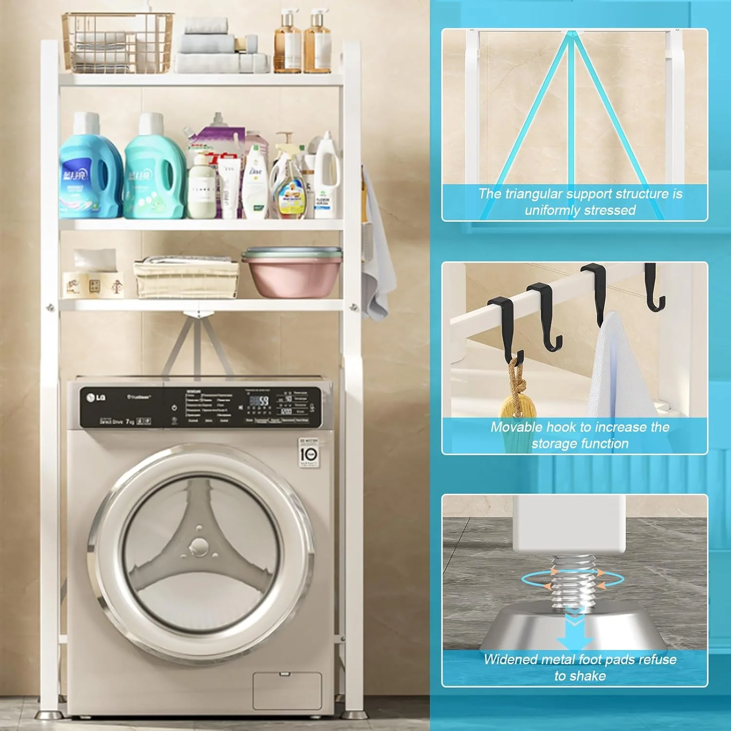 قفسه ذخیره سازی 3 طبقه تاشو و سنگین ماشین لباسشویی و خشک کن Beauenty، قفسه های اتاق لباسشویی با ارتفاع قابل تنظیم، صرفه جویی در فضای سازماندهی حمام با قلاب (مشکی)