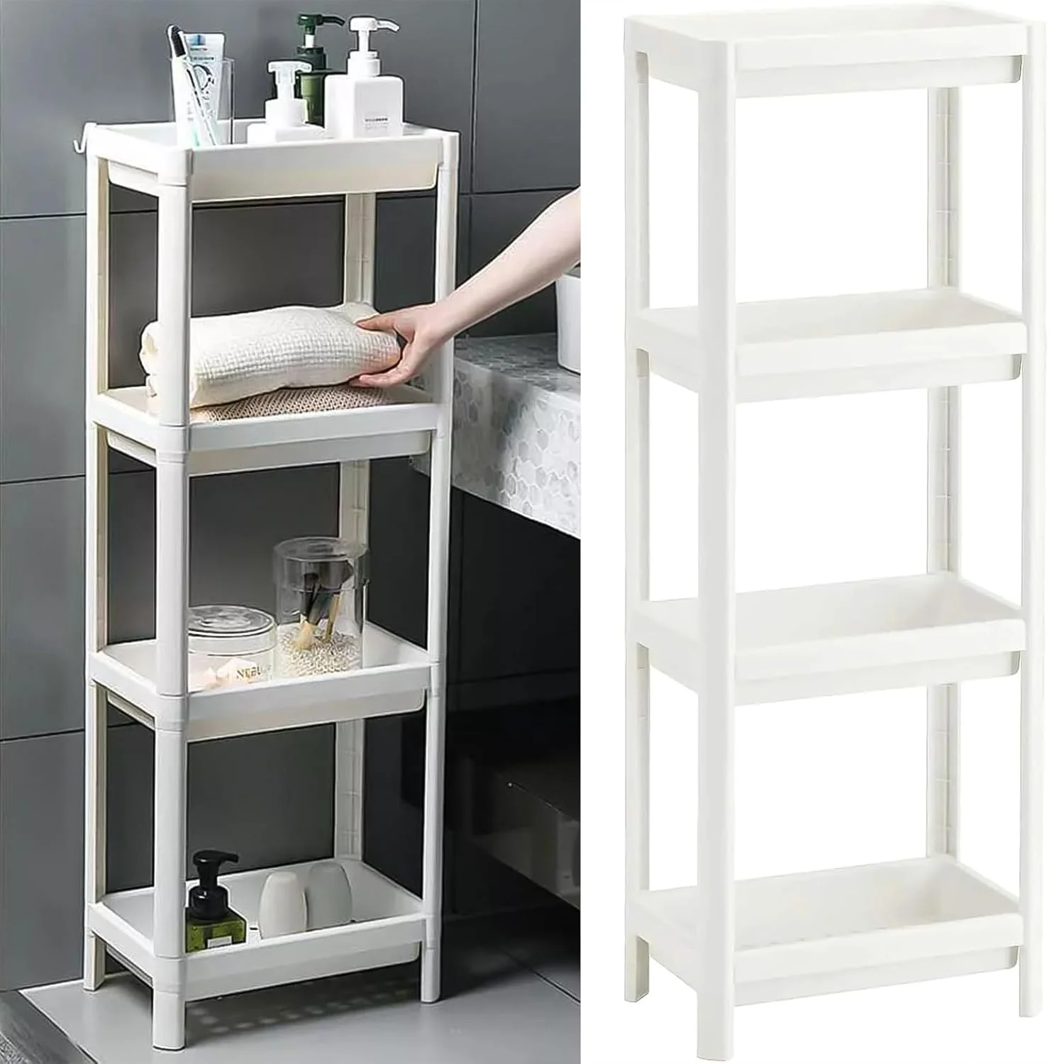 قفسه حمام 4 طبقه گوشه ای، قفسه نظم دهنده وسایل حمام، واحد قفسه گوشه ای، واحد قفسه بندی ذخیره سازی 35x22x101 سانتی متر، قفسه های ضد زنگ حمام، پایه های پلاستیکی قفسه حمام برای حمام