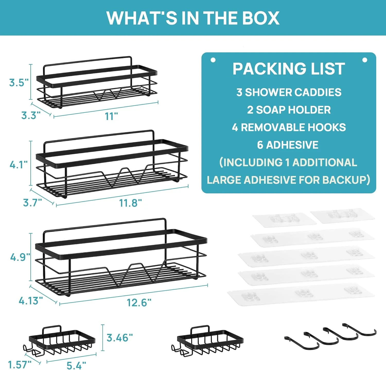 ویتاپمارت 5 عددی قفسه نظم دهنده شاور کدی با 4 قلاب، قفسه استیل ضد زنگ خود چسب برای داخل حمام، سازمان دهنده دیواری، مشکی