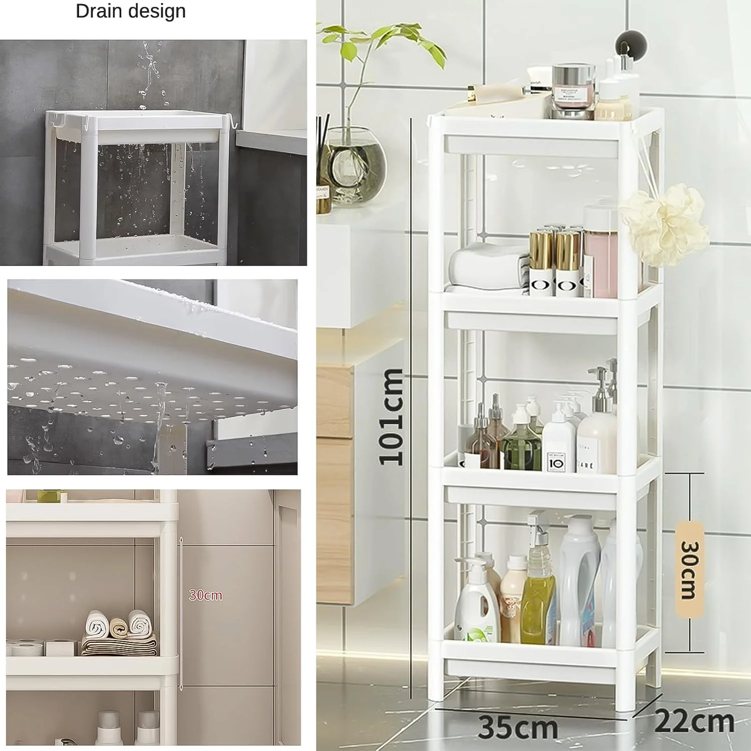 قفسه حمام 4 طبقه گوشه ای، قفسه نظم دهنده وسایل حمام، واحد قفسه گوشه ای، واحد قفسه بندی ذخیره سازی 35x22x101 سانتی متر، قفسه های ضد زنگ حمام، پایه های پلاستیکی قفسه حمام برای حمام