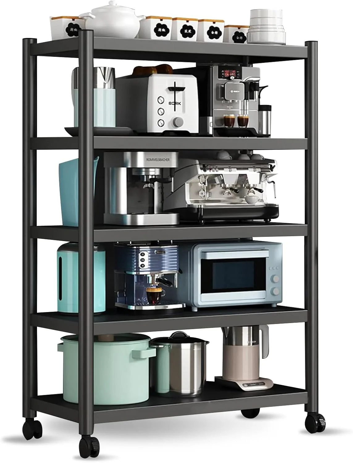 قفسه مایکروویو DAYONG، قفسه نانوایی آشپزخانه 5 طبقه، قفسه ذخیره سازی آشپزخانه سنگین با چرخ های غلتکی، کابینت سازمان دهنده چرخ دستی ذخیره سازی برای آشپزخانه اتاق خواب اتاق نشیمن انبار دفتر