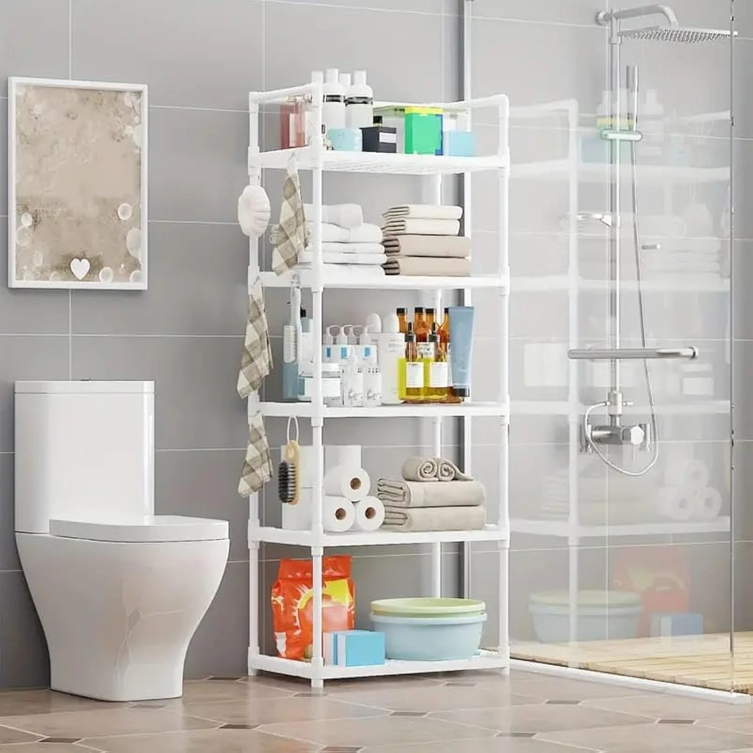 قفسه آشپزخانه 5 طبقه پلاستیکی COZY NEST با قلاب و دسته برای حمام، اتاق خواب، قفسه های ایستاده برای انبار، خانه، دفتر