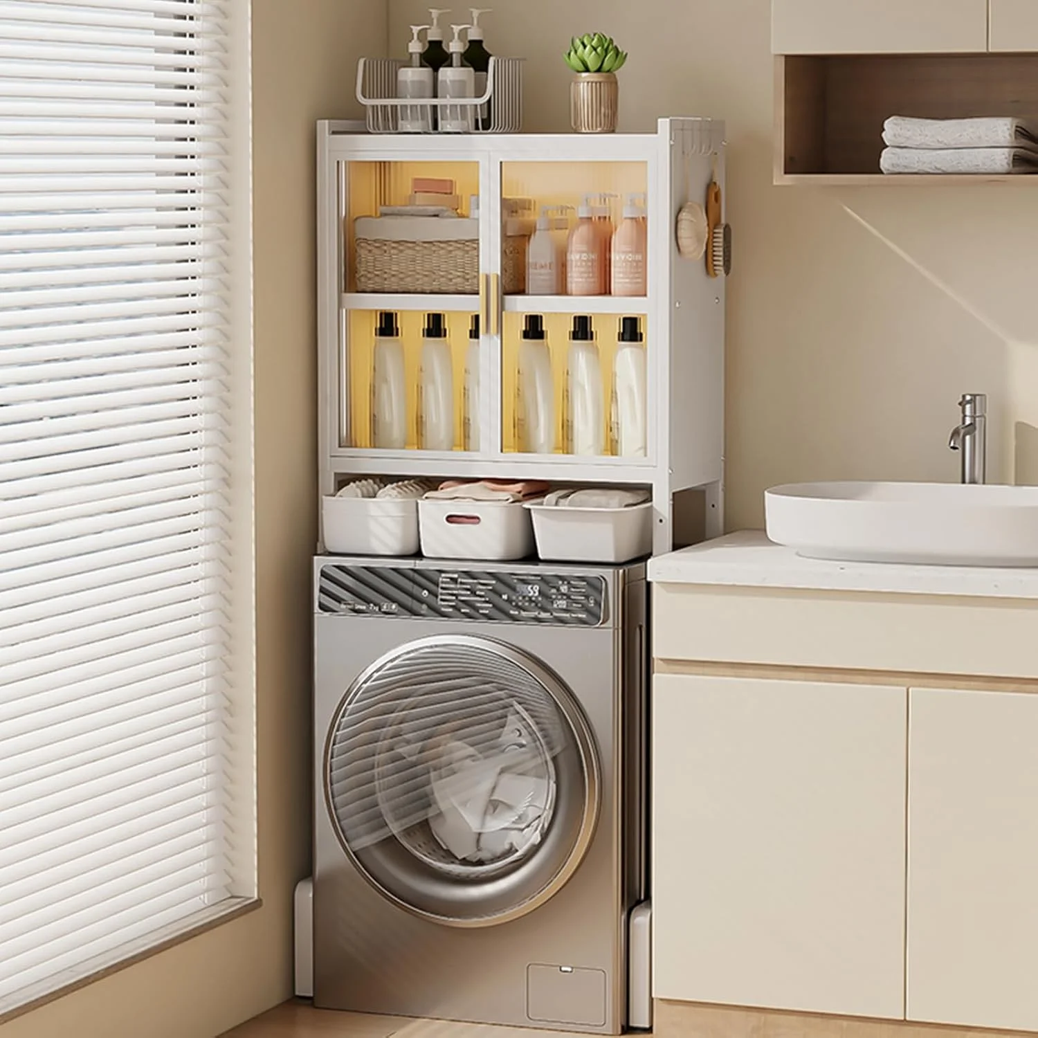 قفسه ذخیره سازی بالای ماشین لباسشویی DAYONG، قفسه های 3 طبقه برای ماشین لباسشویی و خشک کن، قفسه سازمان دهنده بالکن حمام، قفسه لباسشویی برای صرفه جویی در فضا (سفید، 3 طبقه با درب دوتایی)