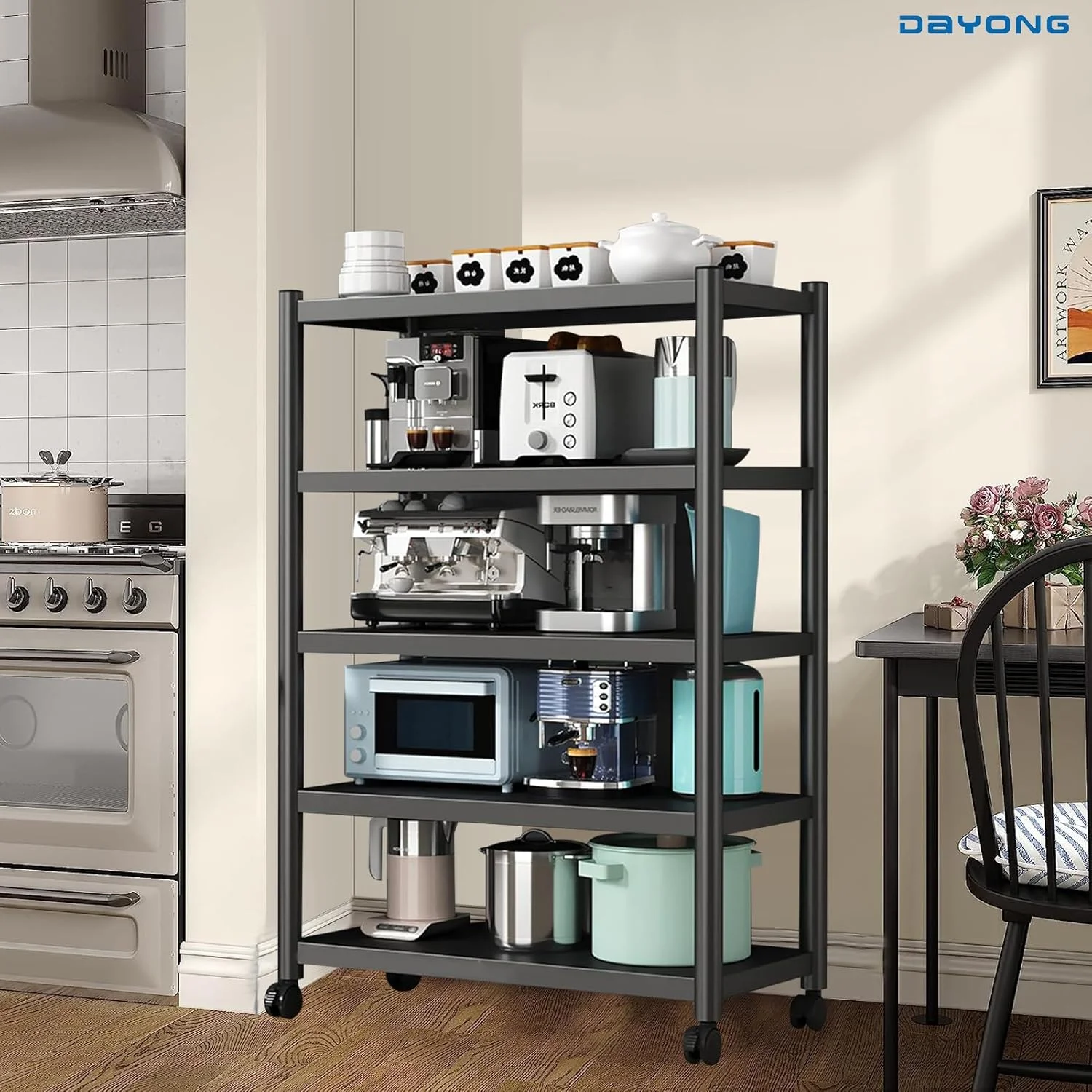 قفسه مایکروویو DAYONG، قفسه نانوایی آشپزخانه 5 طبقه، قفسه ذخیره سازی آشپزخانه سنگین با چرخ های غلتکی، کابینت سازمان دهنده چرخ دستی ذخیره سازی برای آشپزخانه اتاق خواب اتاق نشیمن انبار دفتر