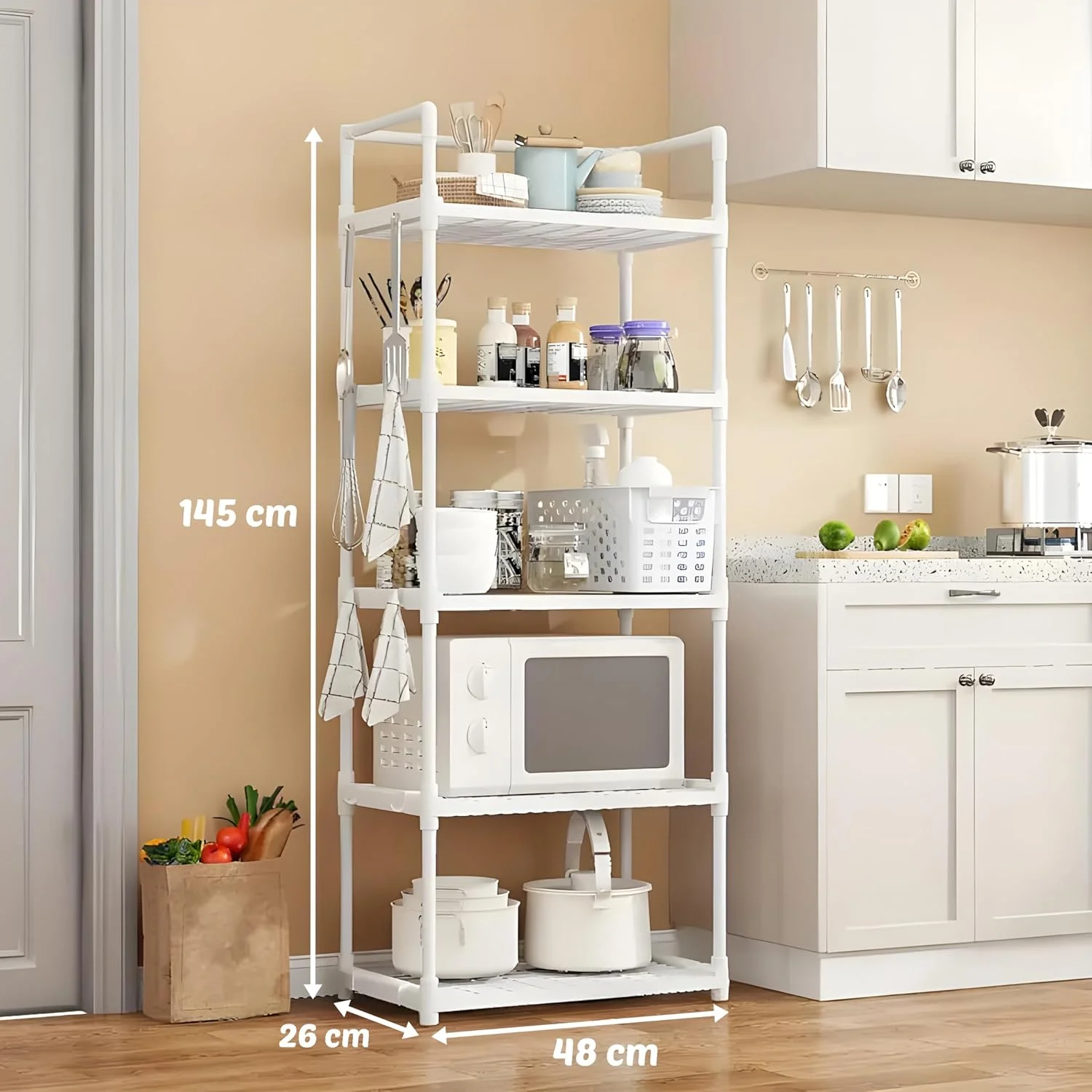 قفسه آشپزخانه 5 طبقه پلاستیکی COZY NEST با قلاب و دسته برای حمام، اتاق خواب، قفسه های ایستاده برای انبار، خانه، دفتر