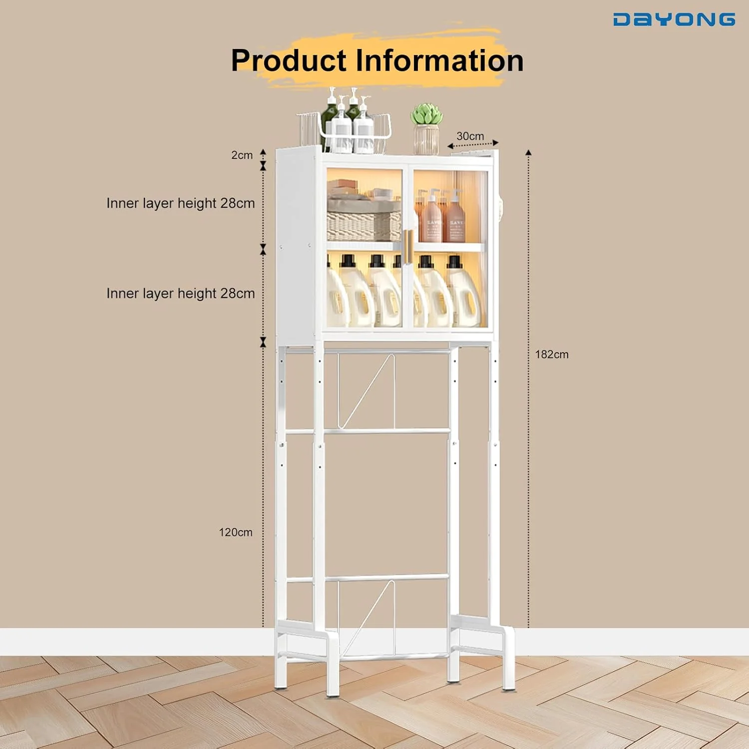 قفسه ذخیره سازی بالای ماشین لباسشویی DAYONG، قفسه های 3 طبقه برای ماشین لباسشویی و خشک کن، قفسه سازمان دهنده بالکن حمام، قفسه لباسشویی برای صرفه جویی در فضا (سفید، 3 طبقه با درب دوتایی)