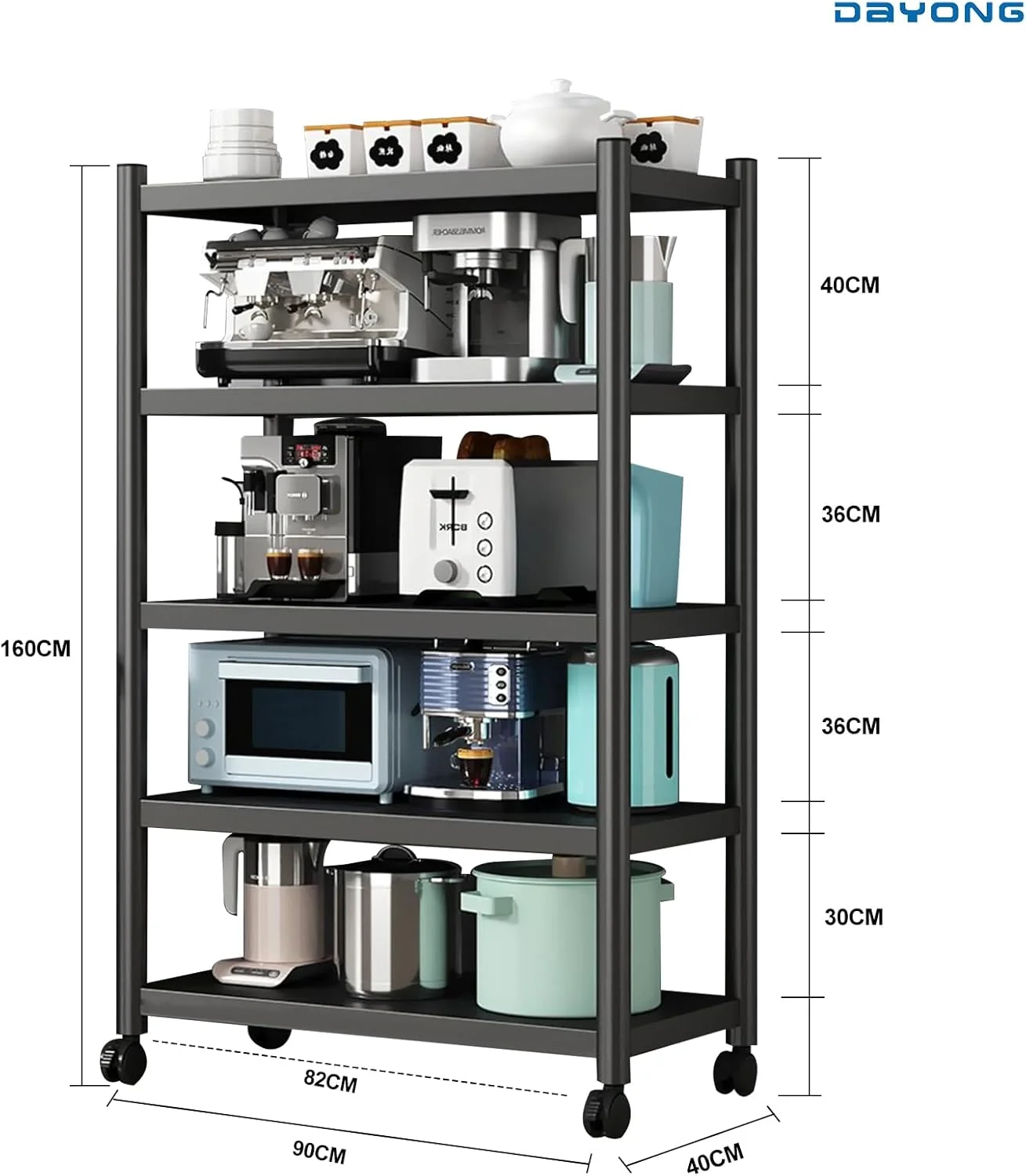 قفسه مایکروویو DAYONG، قفسه نانوایی آشپزخانه 5 طبقه، قفسه ذخیره سازی آشپزخانه سنگین با چرخ های غلتکی، کابینت سازمان دهنده چرخ دستی ذخیره سازی برای آشپزخانه اتاق خواب اتاق نشیمن انبار دفتر