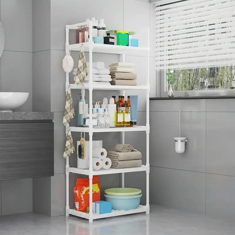 قفسه آشپزخانه 5 طبقه پلاستیکی COZY NEST با قلاب و دسته برای حمام، اتاق خواب، قفسه های ایستاده برای انبار، خانه، دفتر