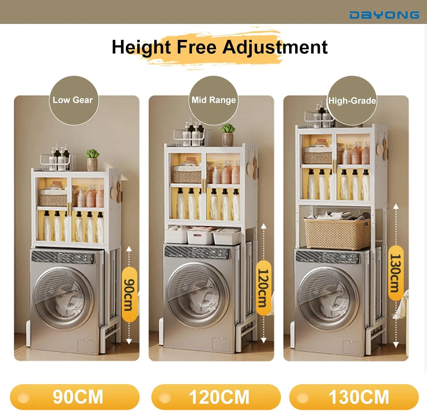 قفسه ذخیره سازی بالای ماشین لباسشویی DAYONG، قفسه های 3 طبقه برای ماشین لباسشویی و خشک کن، قفسه سازمان دهنده بالکن حمام، قفسه لباسشویی برای صرفه جویی در فضا (سفید، 3 طبقه با درب دوتایی)