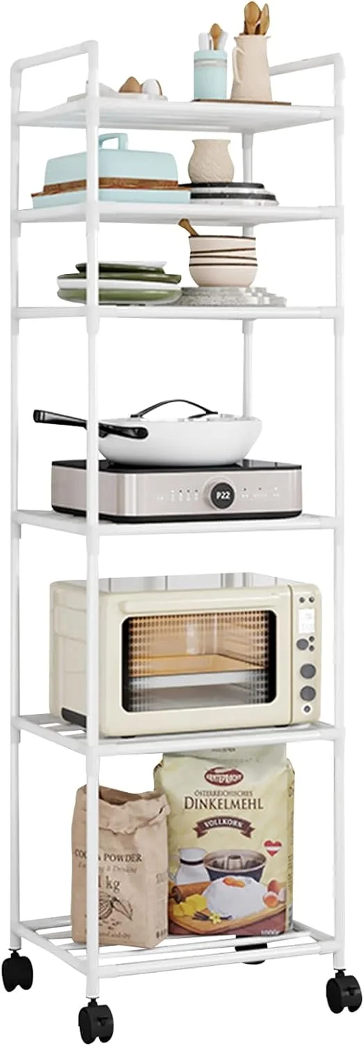 قفسه آشپزخانه 6 طبقه Beauenty، قفسه فلزی قابل تنظیم با چرخ، قفسه متحرک چند منظوره با دسته برای اتاق خواب، آشپزخانه، دفاتر، سالن ورزشی (سفید، 6 طبقه)